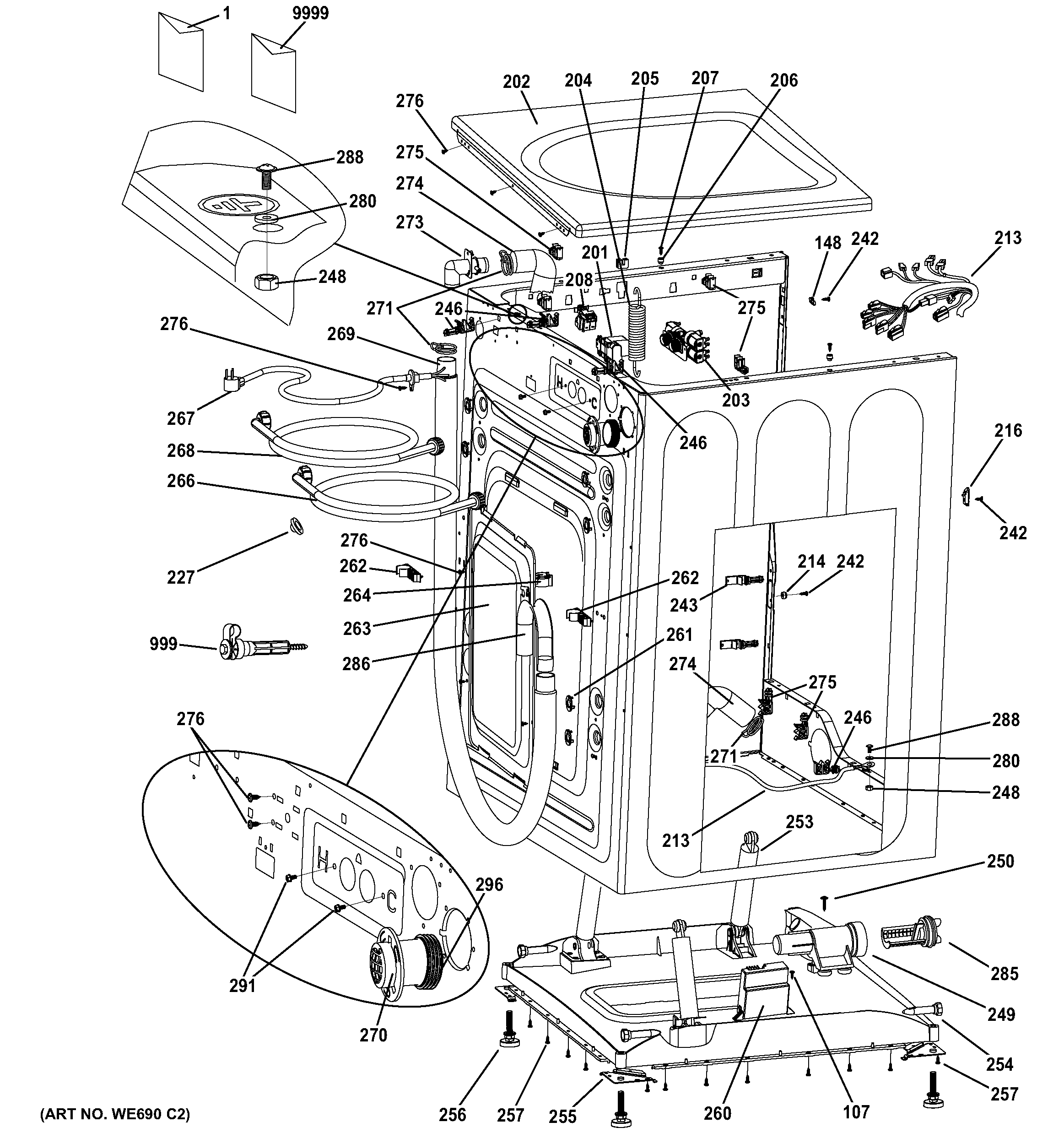 GE GFWS1705H0DG cabinet & top panel diagram