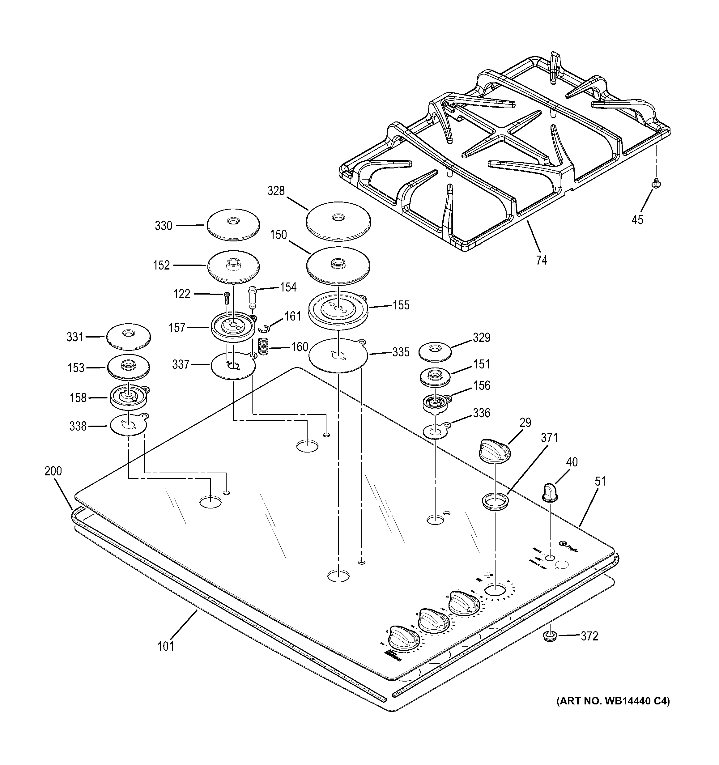 GE JGP940BEK3BB control panel & cooktop diagram
