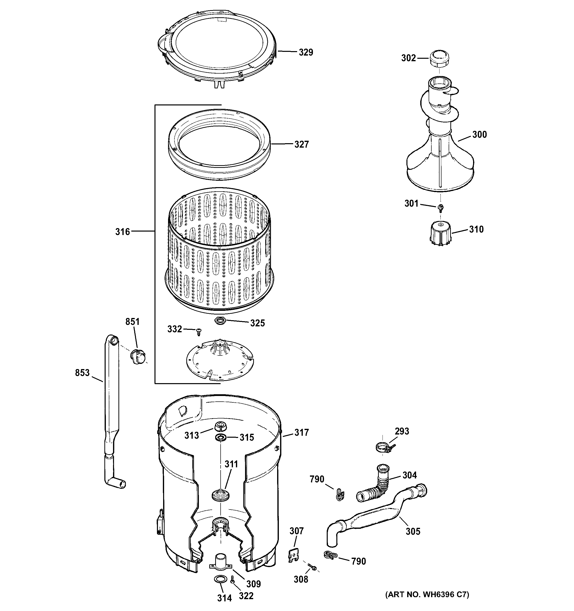 GE GMAN2800D2WS tub, basket & agitator diagram