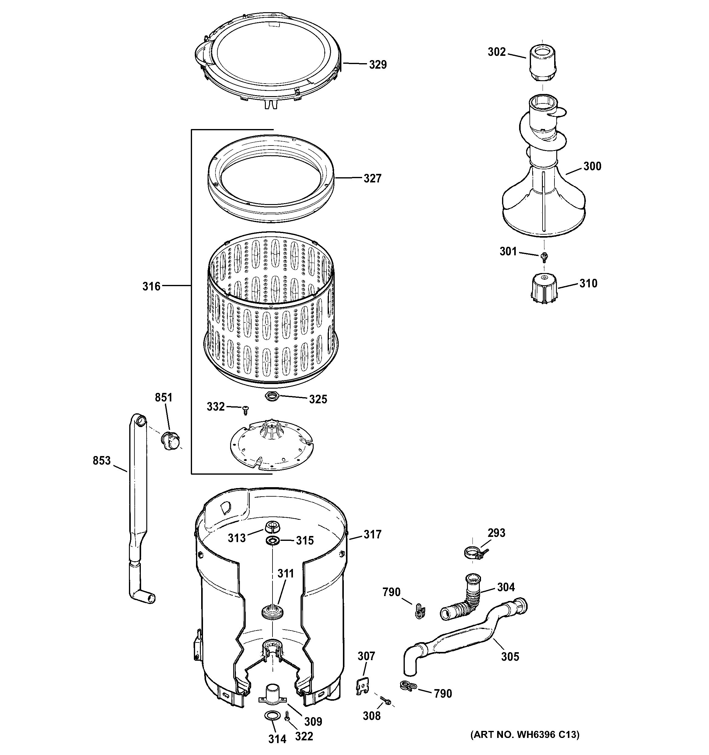 GE GMAN4250F1WS tub, basket & agitator diagram