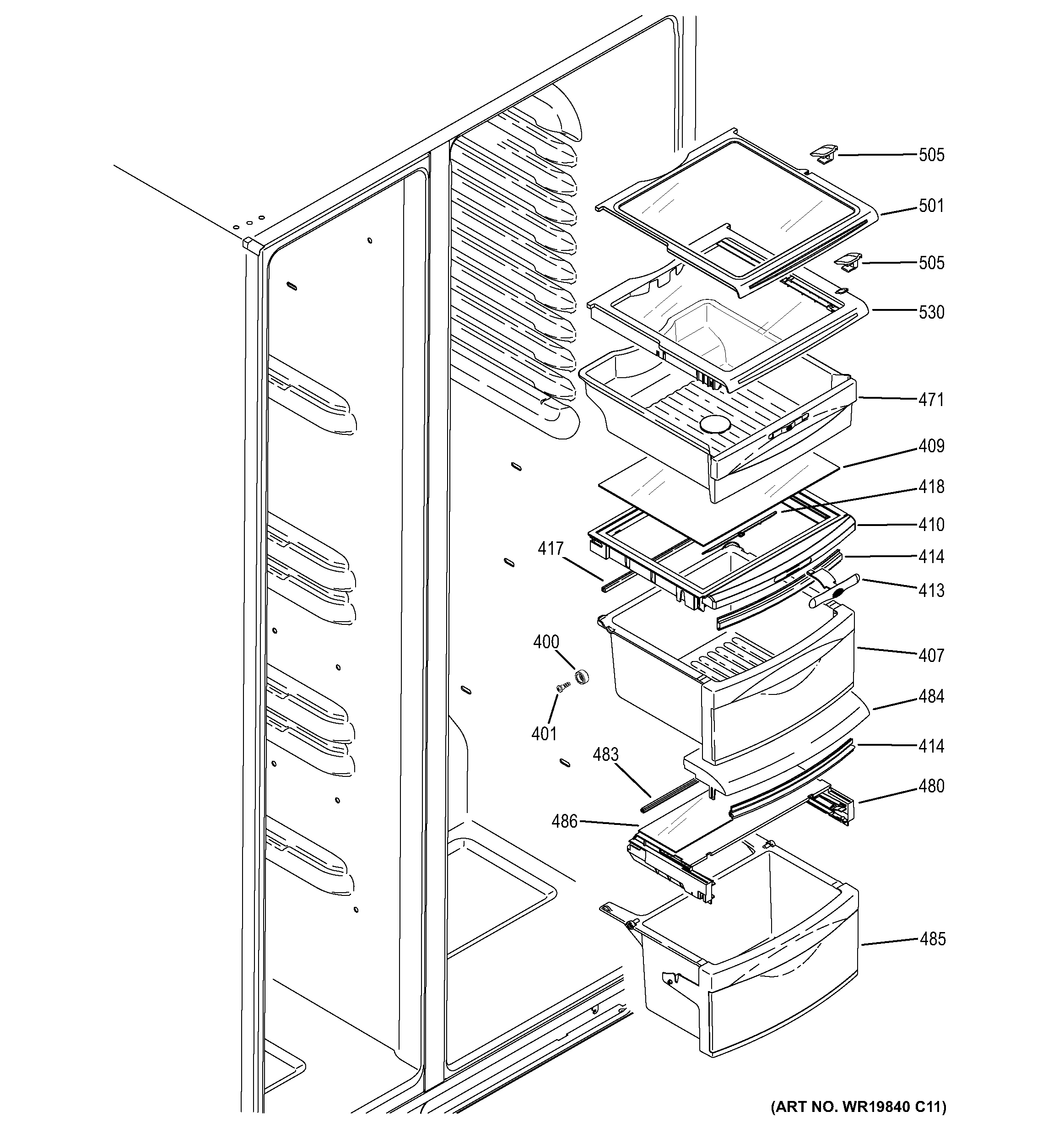 GE GSS25KSTASS fresh food shelves diagram