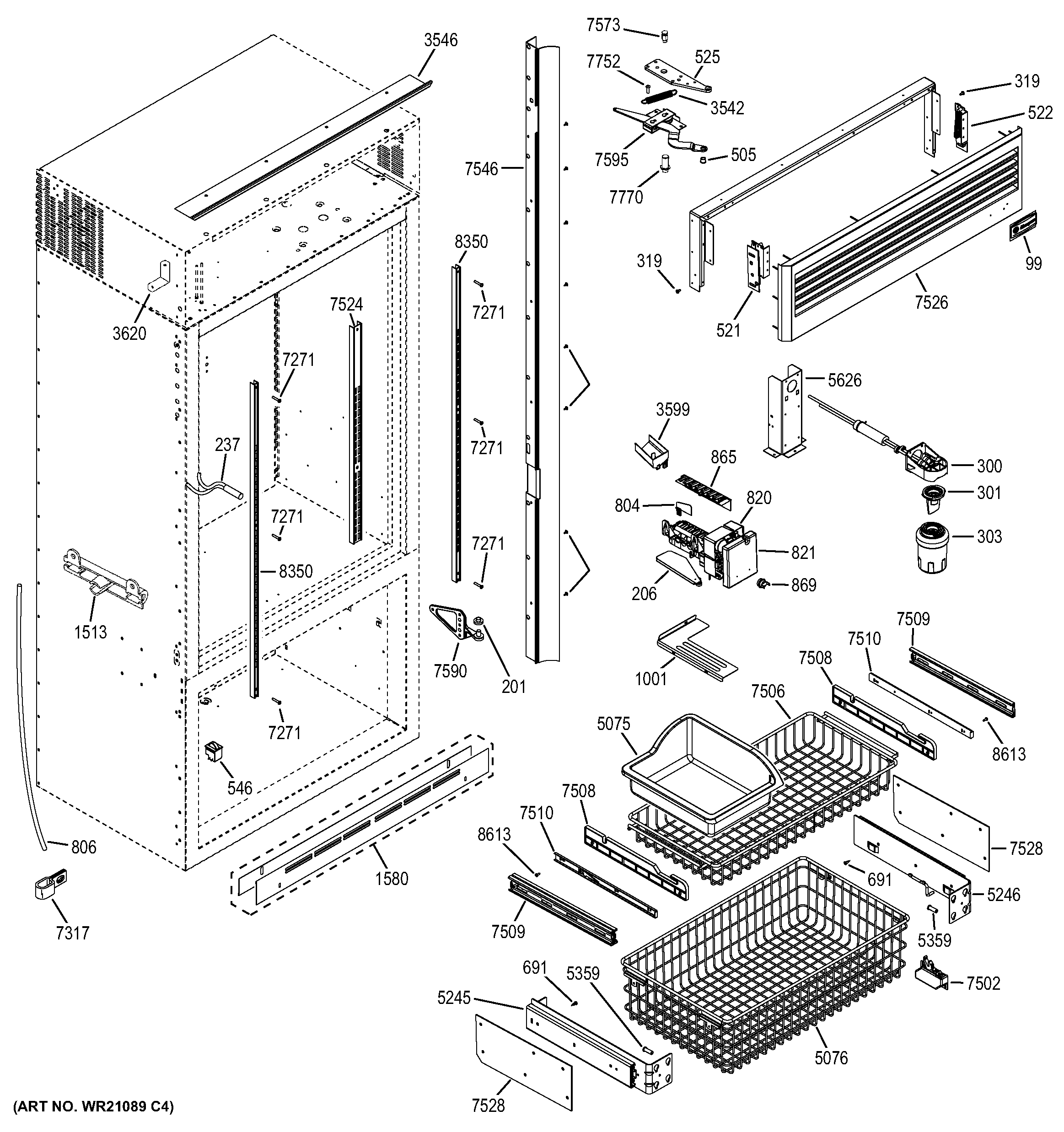 GE ZICP360NXBRH freezer section, trim & components diagram