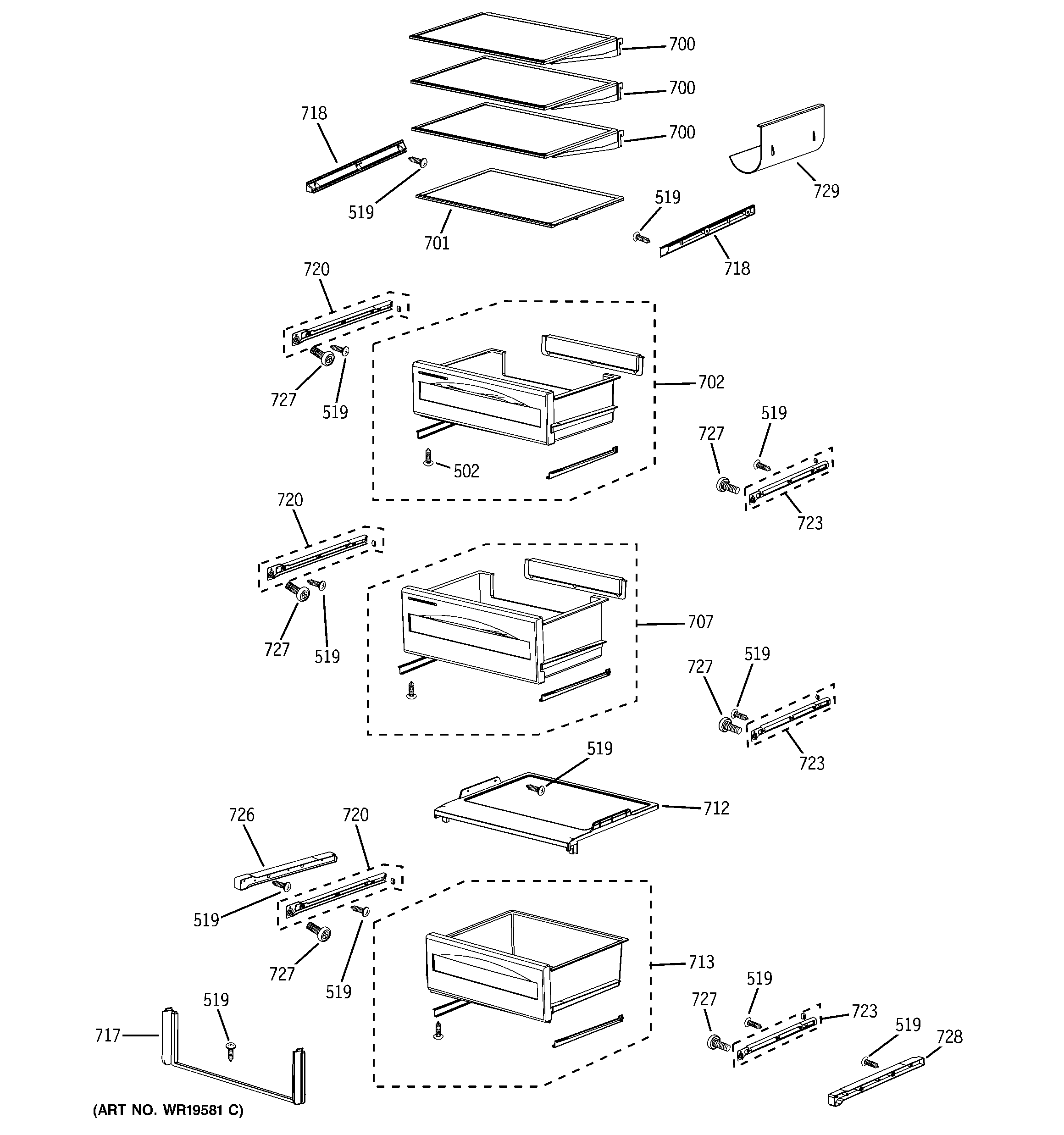 GE PSB42YSXASS fresh food shelves diagram