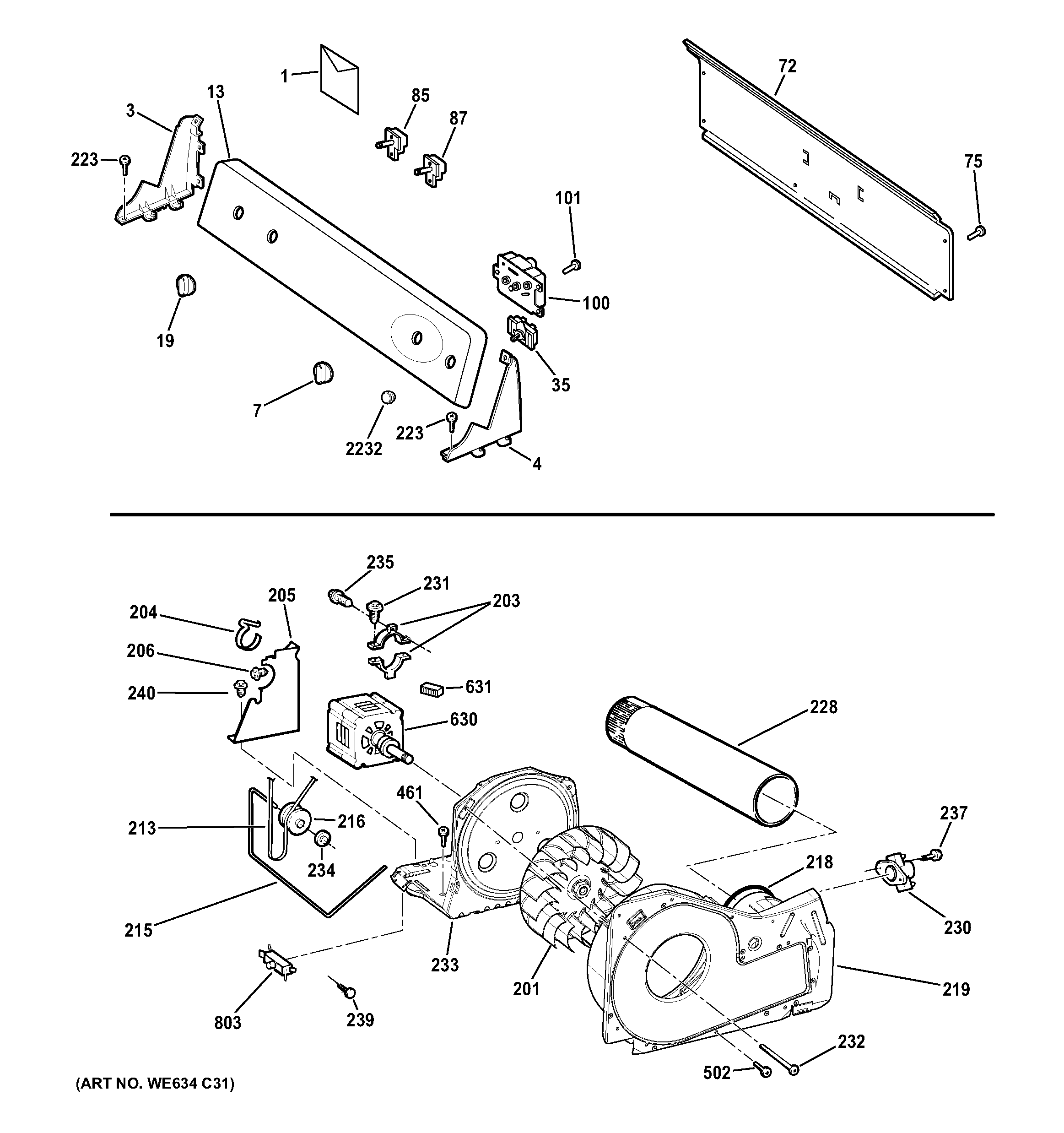 GE GTX18GSSJ1WW backsplash, blower & motor assembly diagram