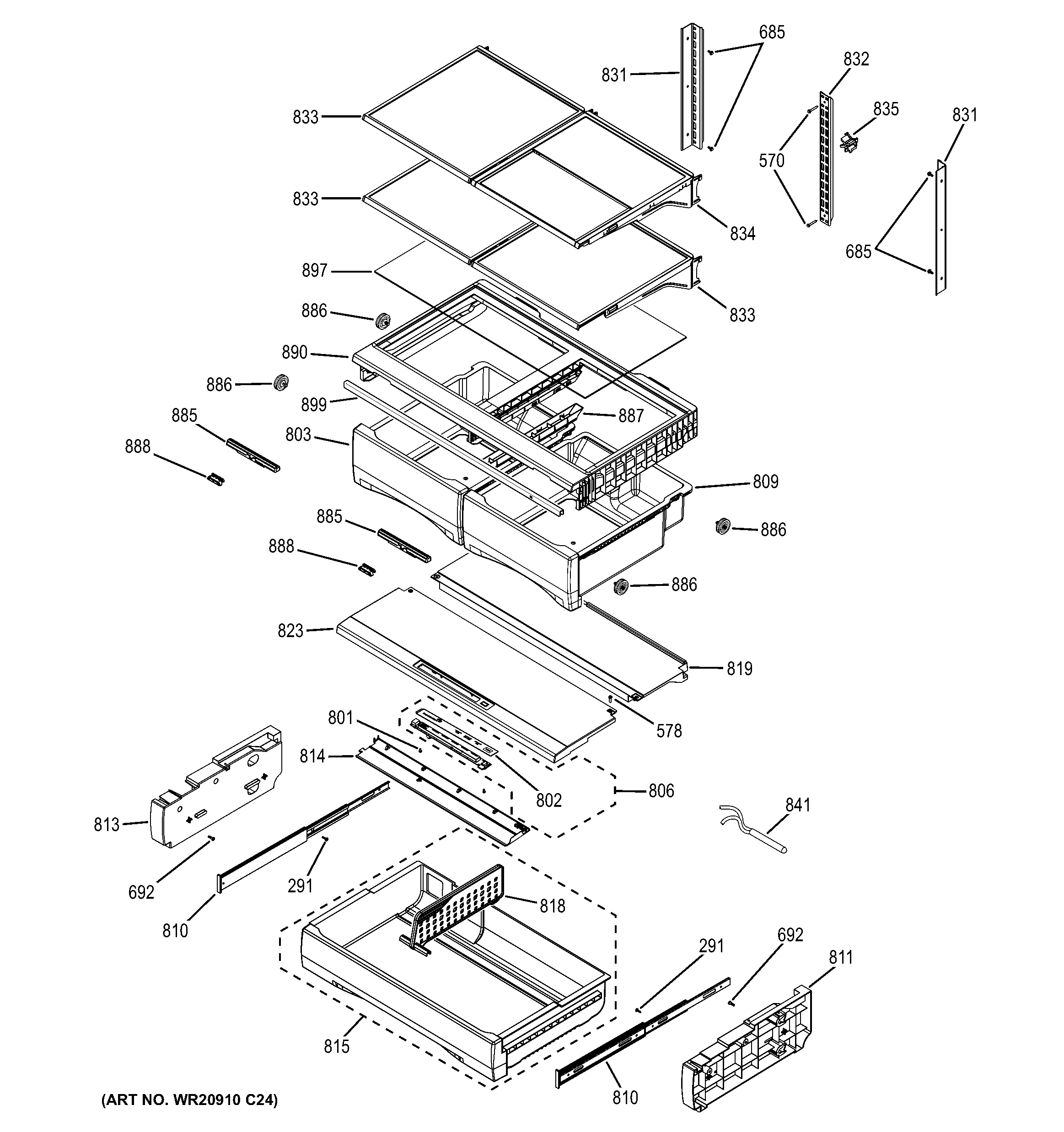 GE GFE28HMHCES fresh food shelves diagram