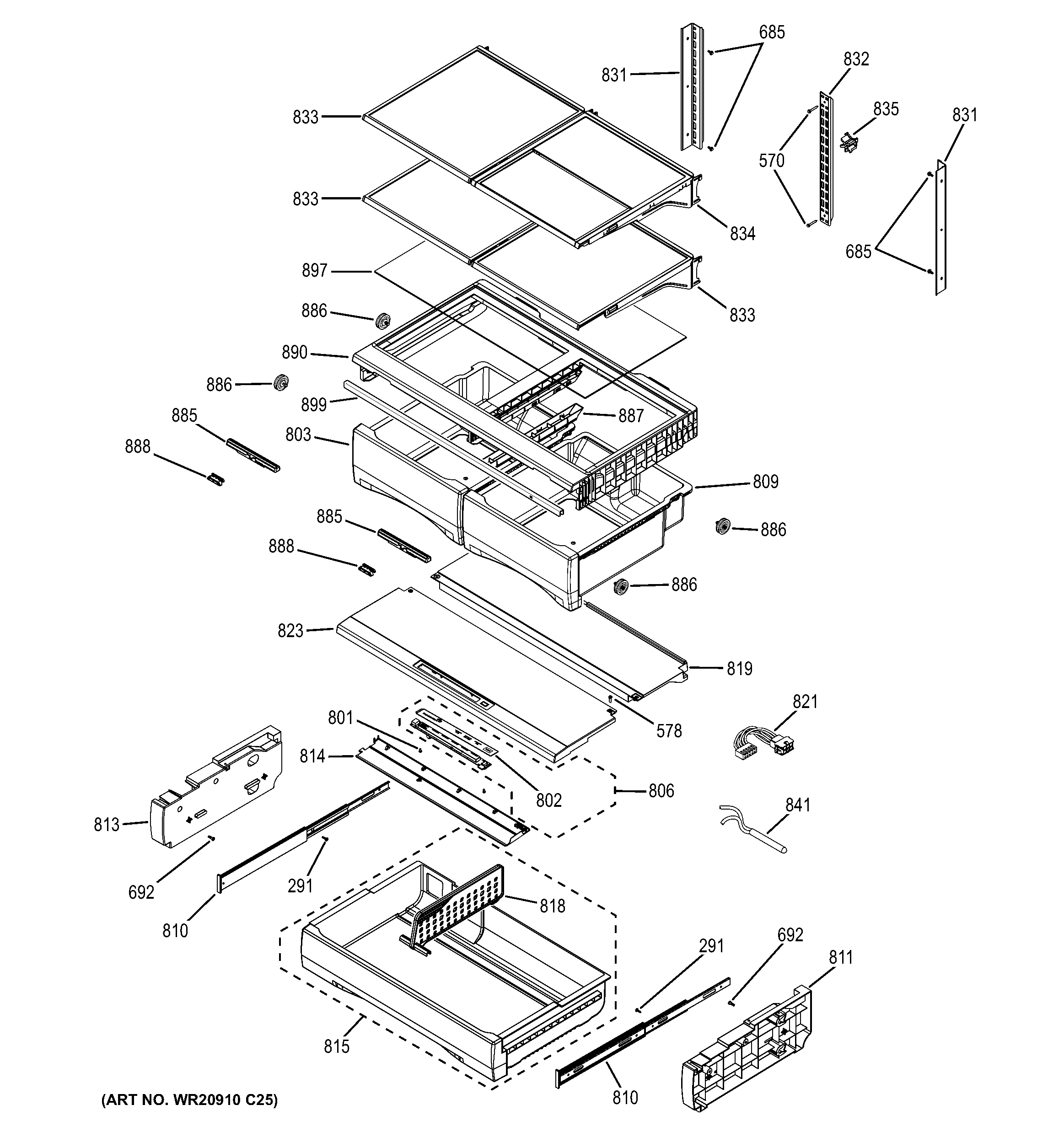 GE GFE28HSHBSS fresh food shelves diagram