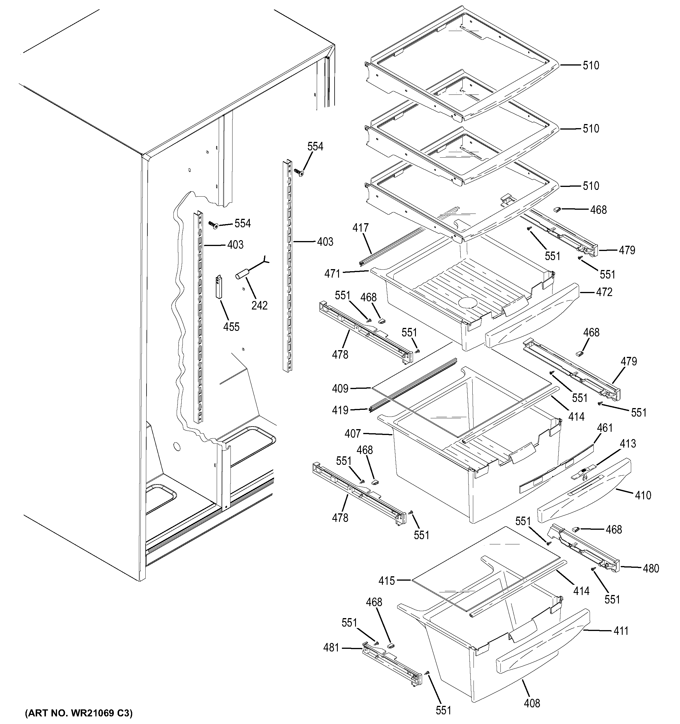 GE GSH22JGDCWW fresh food shelves diagram