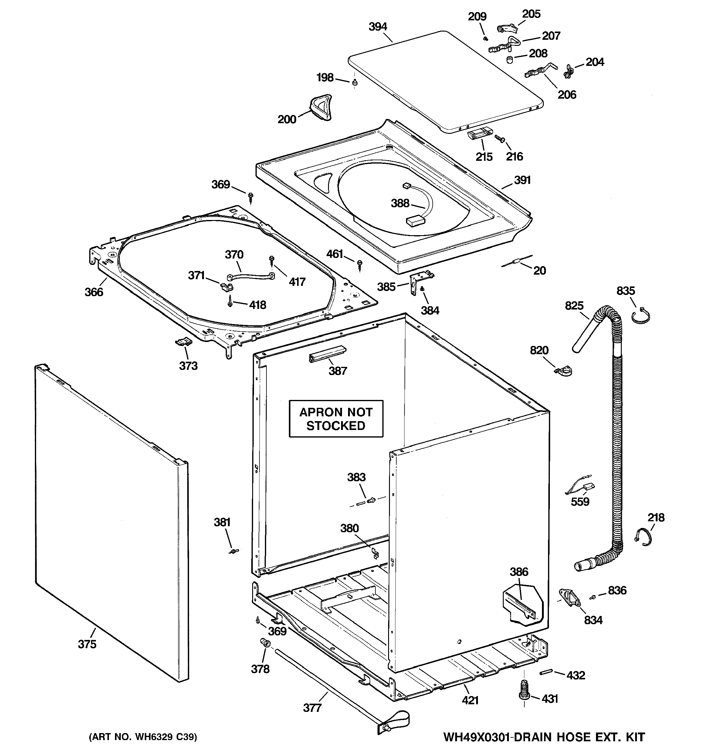 GE GTWN4250M1WS cabinet, cover & front panel diagram