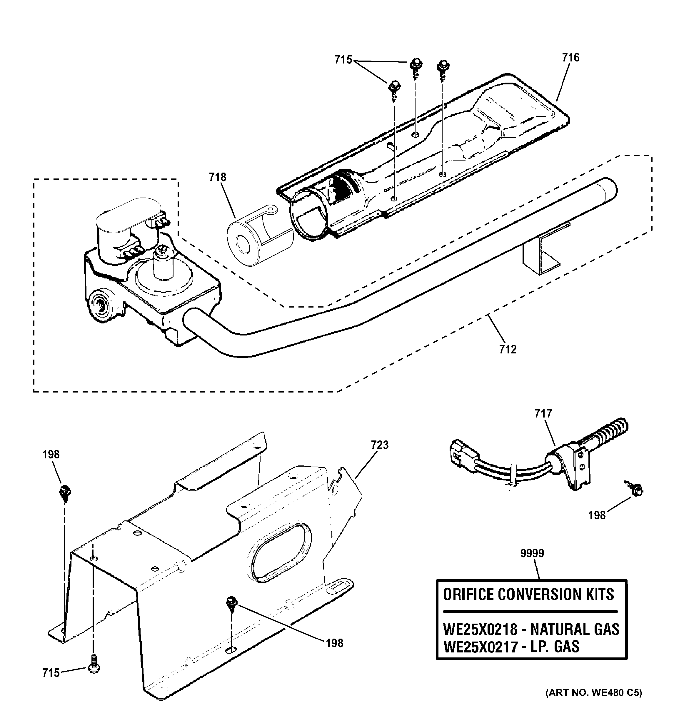 GE GFDS170GH1WW gas valve & burner assembly diagram