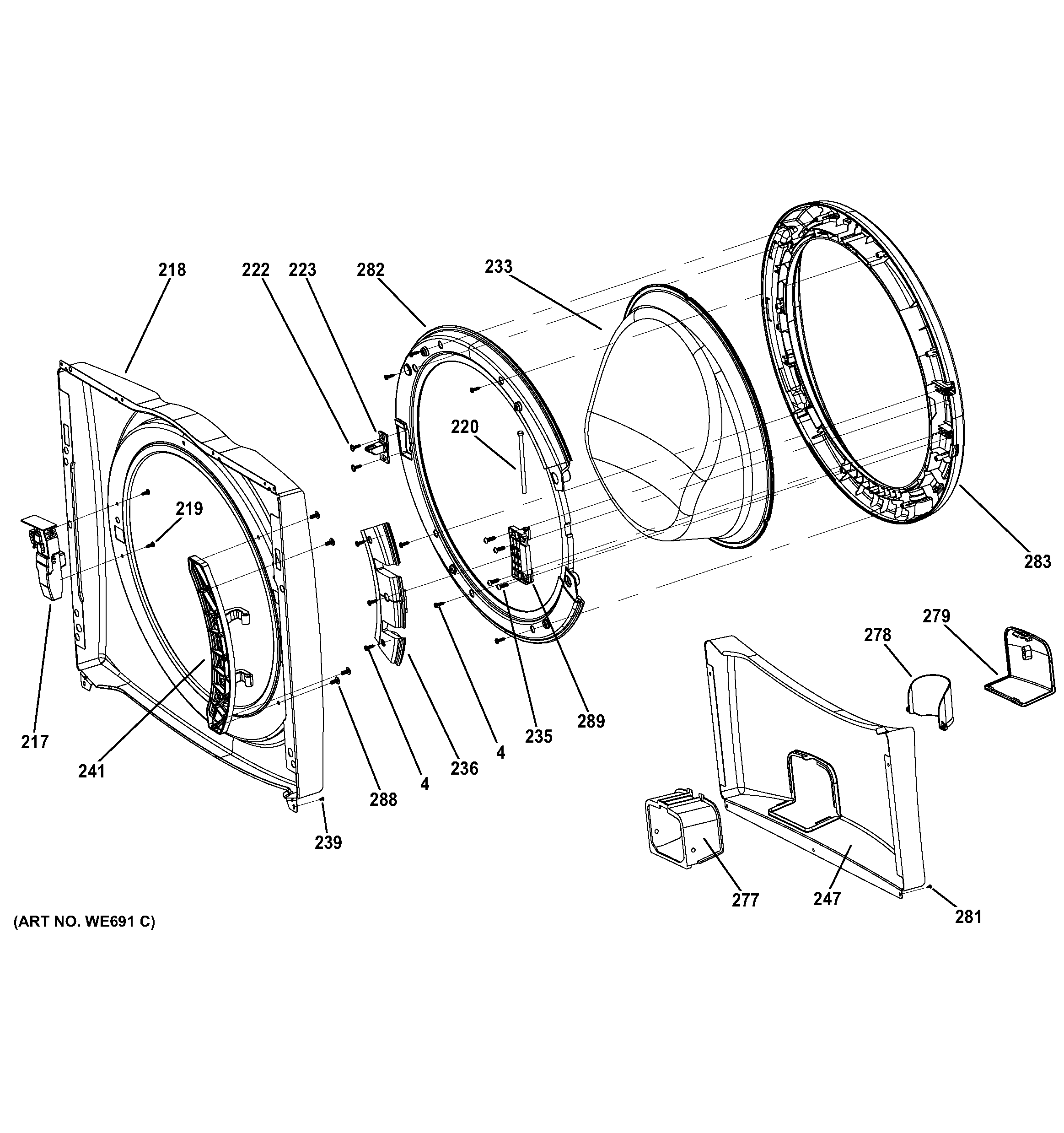 GE GFWS1700H1WW front panel & door diagram
