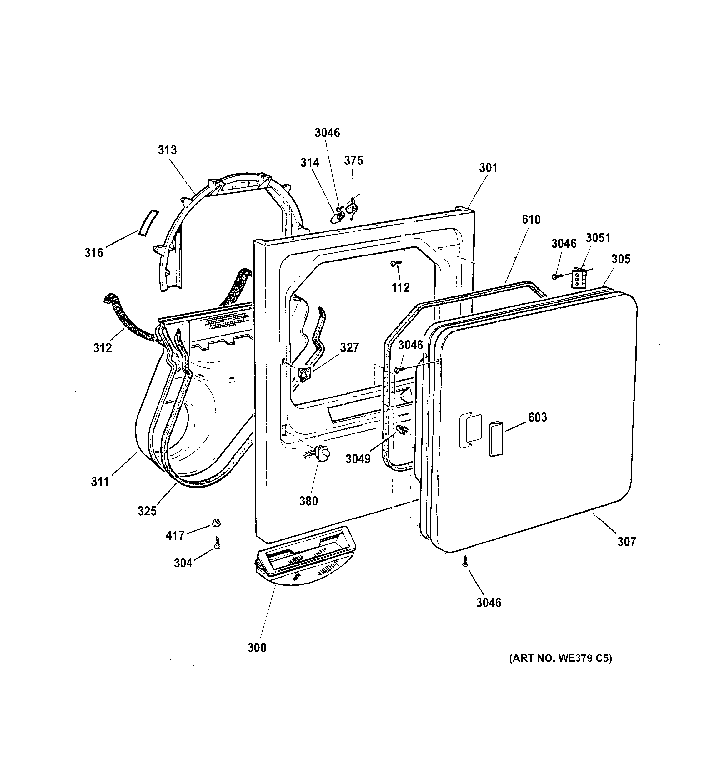 GE DBXR453GT5WW front panel & door diagram