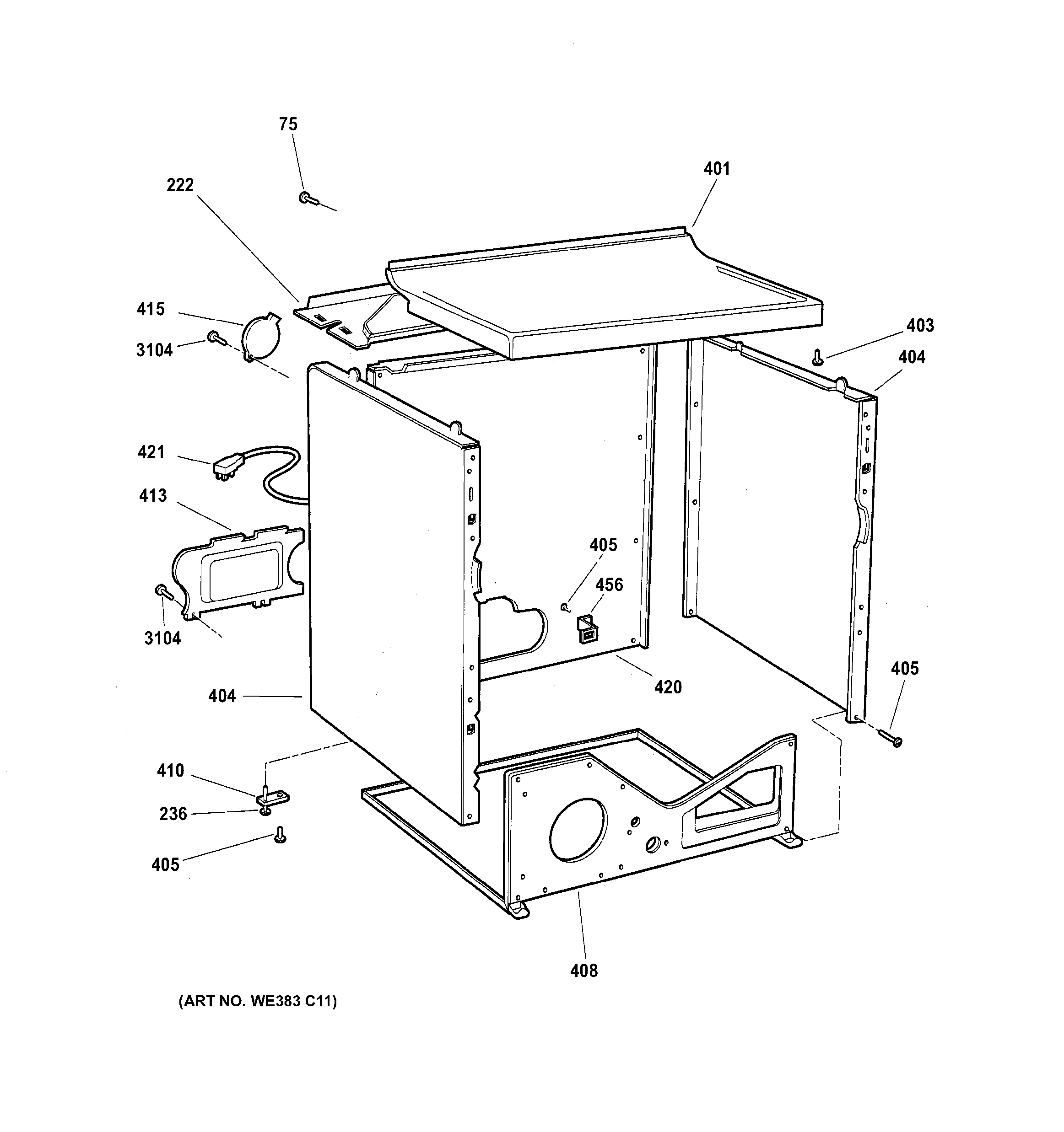 GE DBXR453GT5WW cabinet & top panel diagram