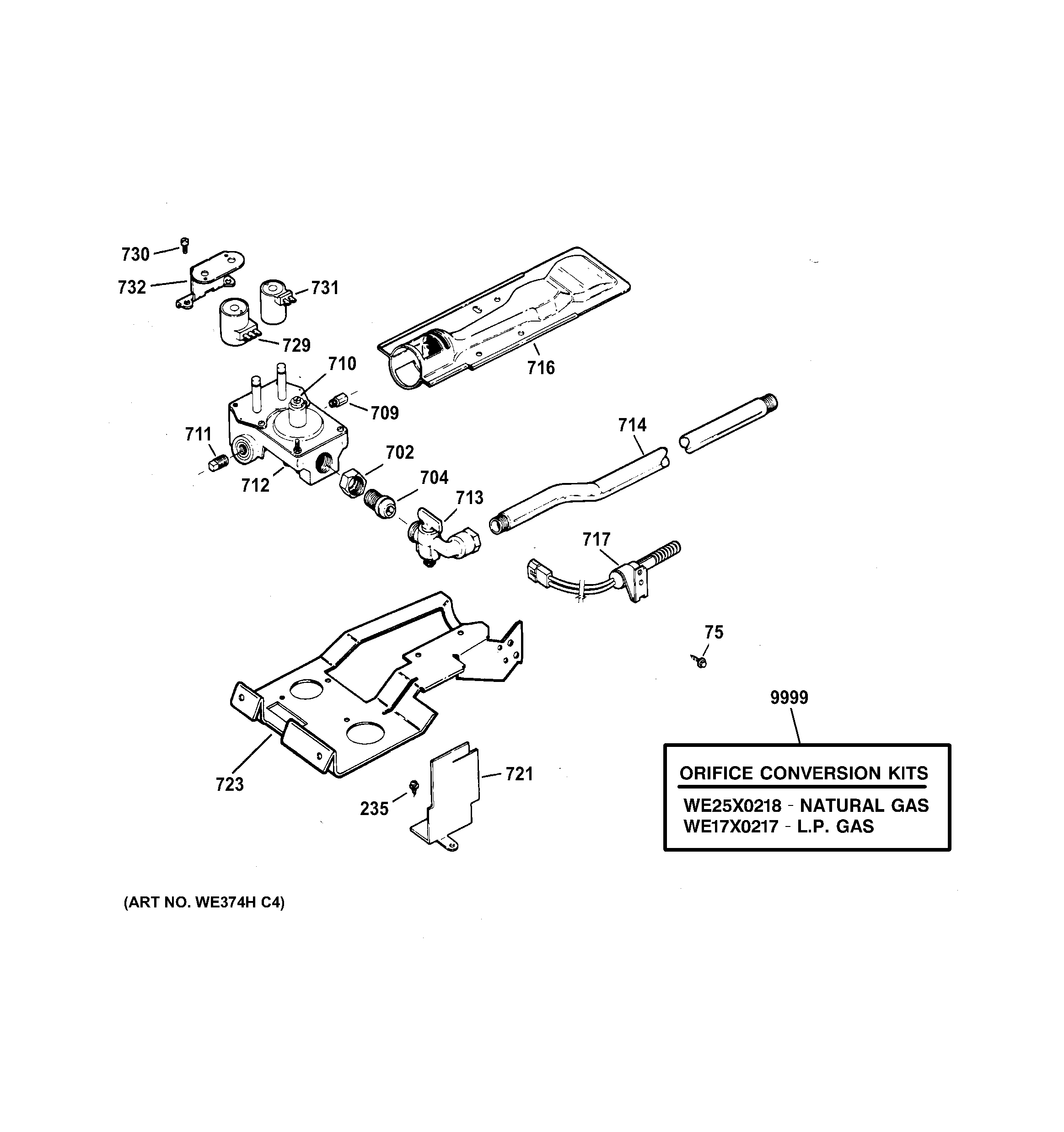GE DBXR453GT5WW gas valve & burner assembly diagram