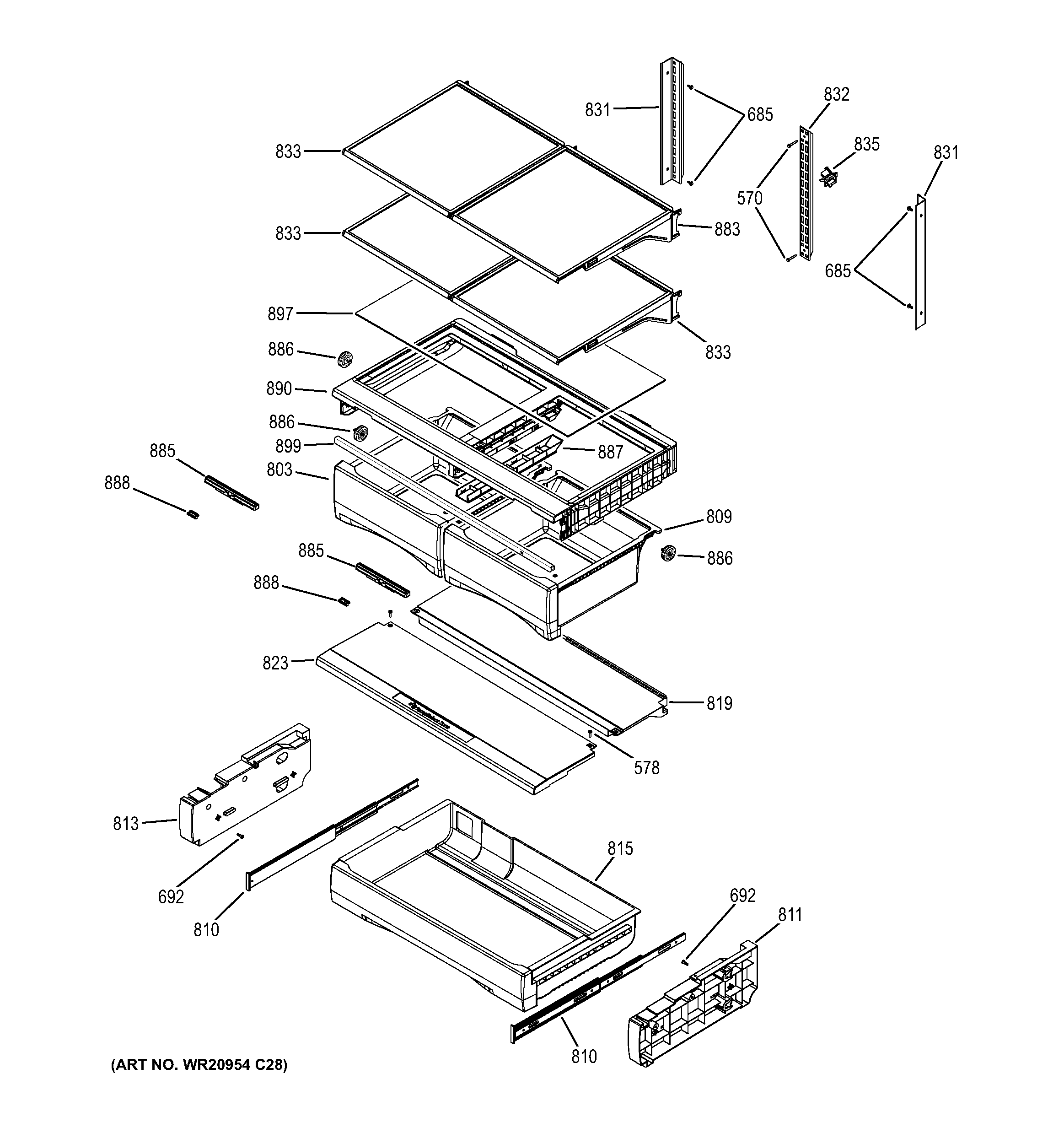 GE GNE29GGHCWW fresh food shelves diagram