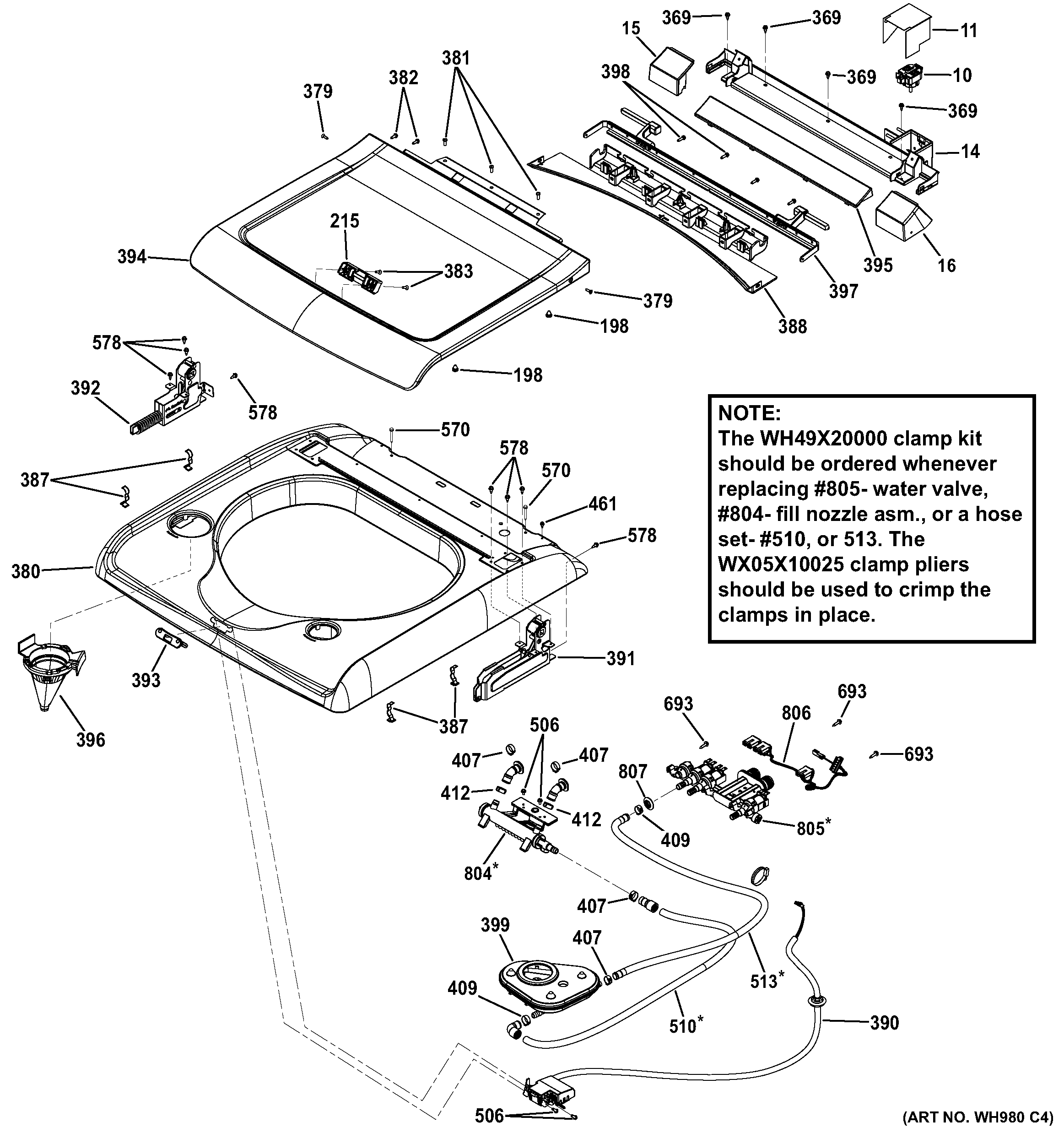 GE GTWN7450H1WW top panel & lid diagram