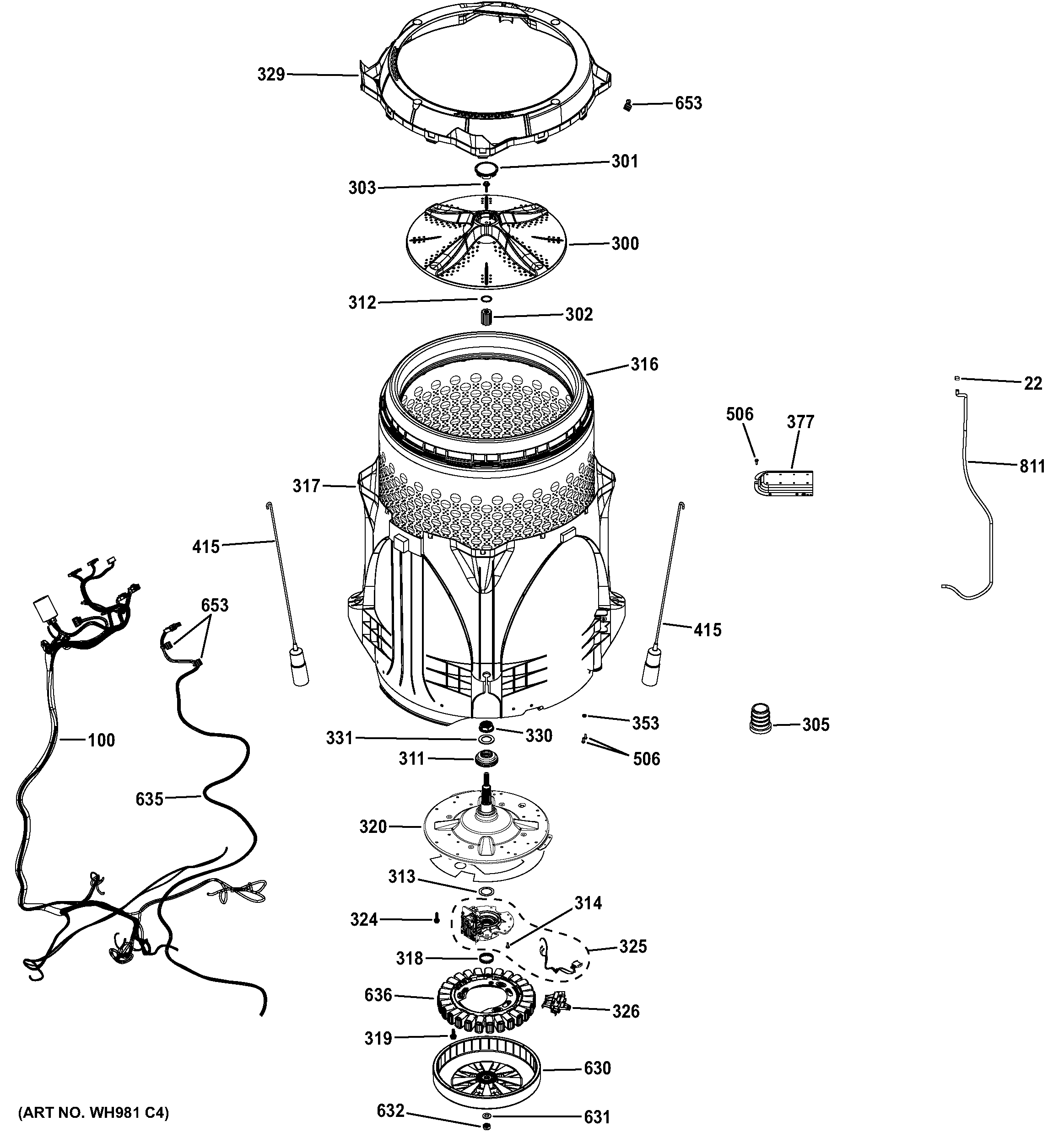 GE GTWN7450H1WW tub & motor diagram