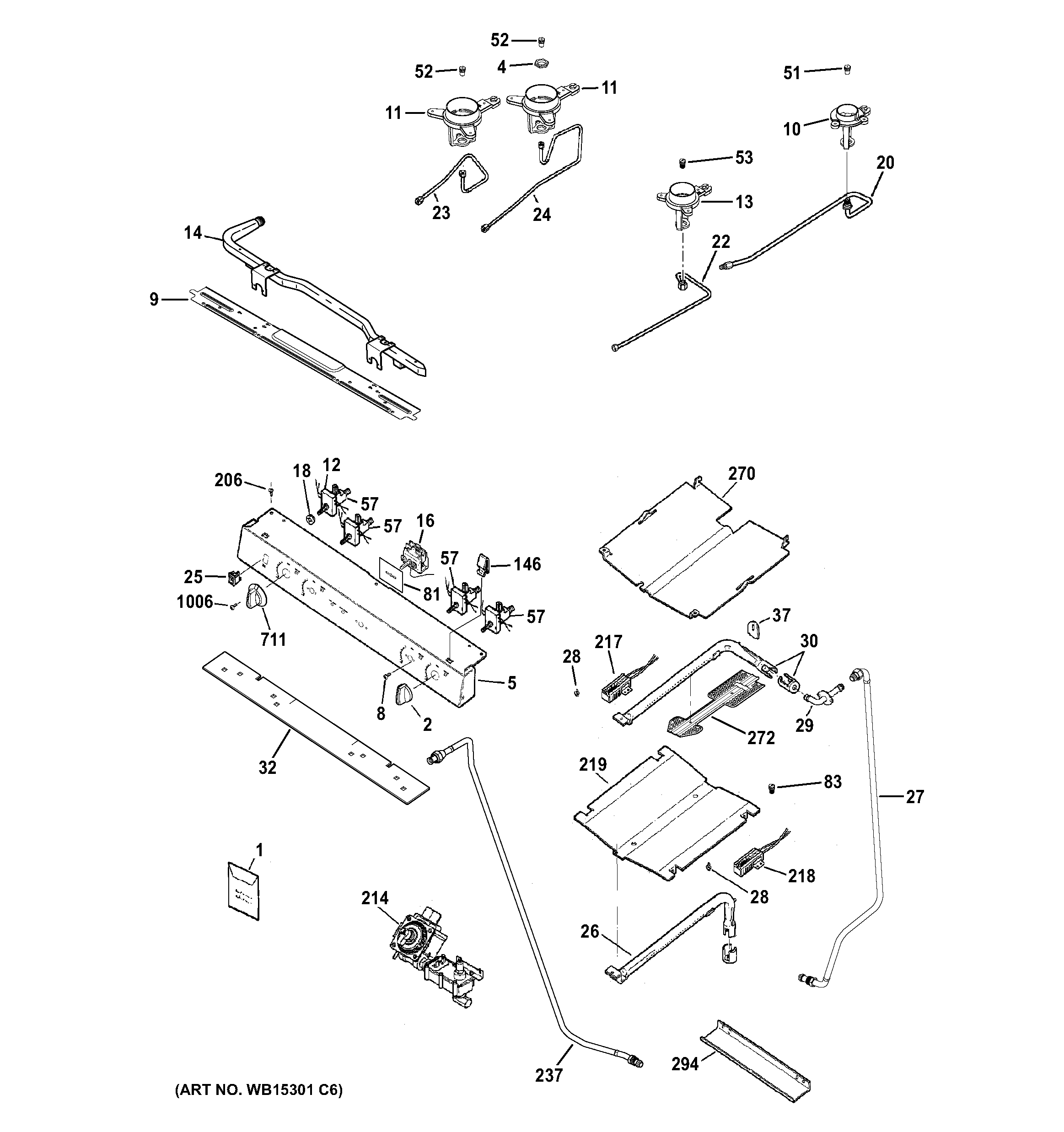 GE JGB450DEF3WW gas & burner parts diagram