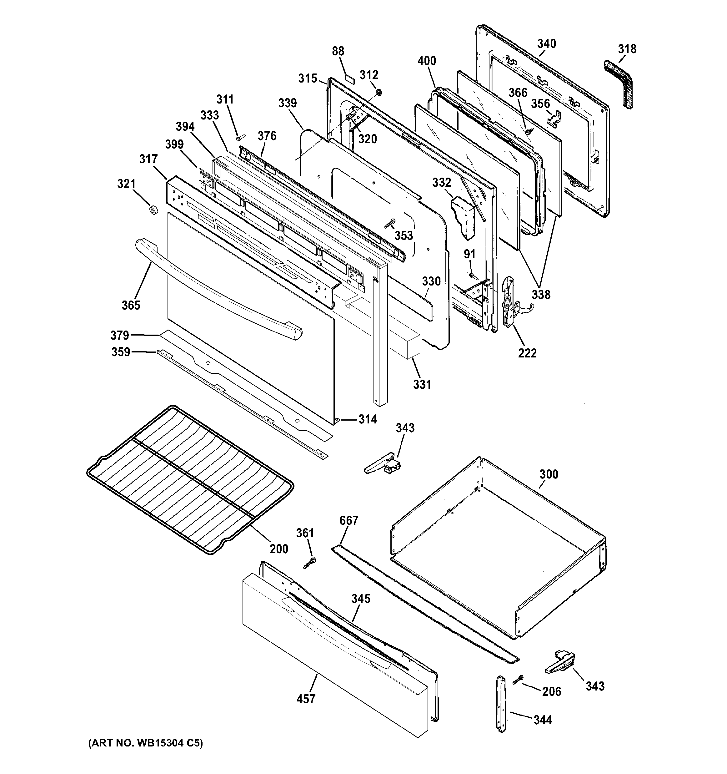 GE JGB450DEF3WW door & drawer parts diagram