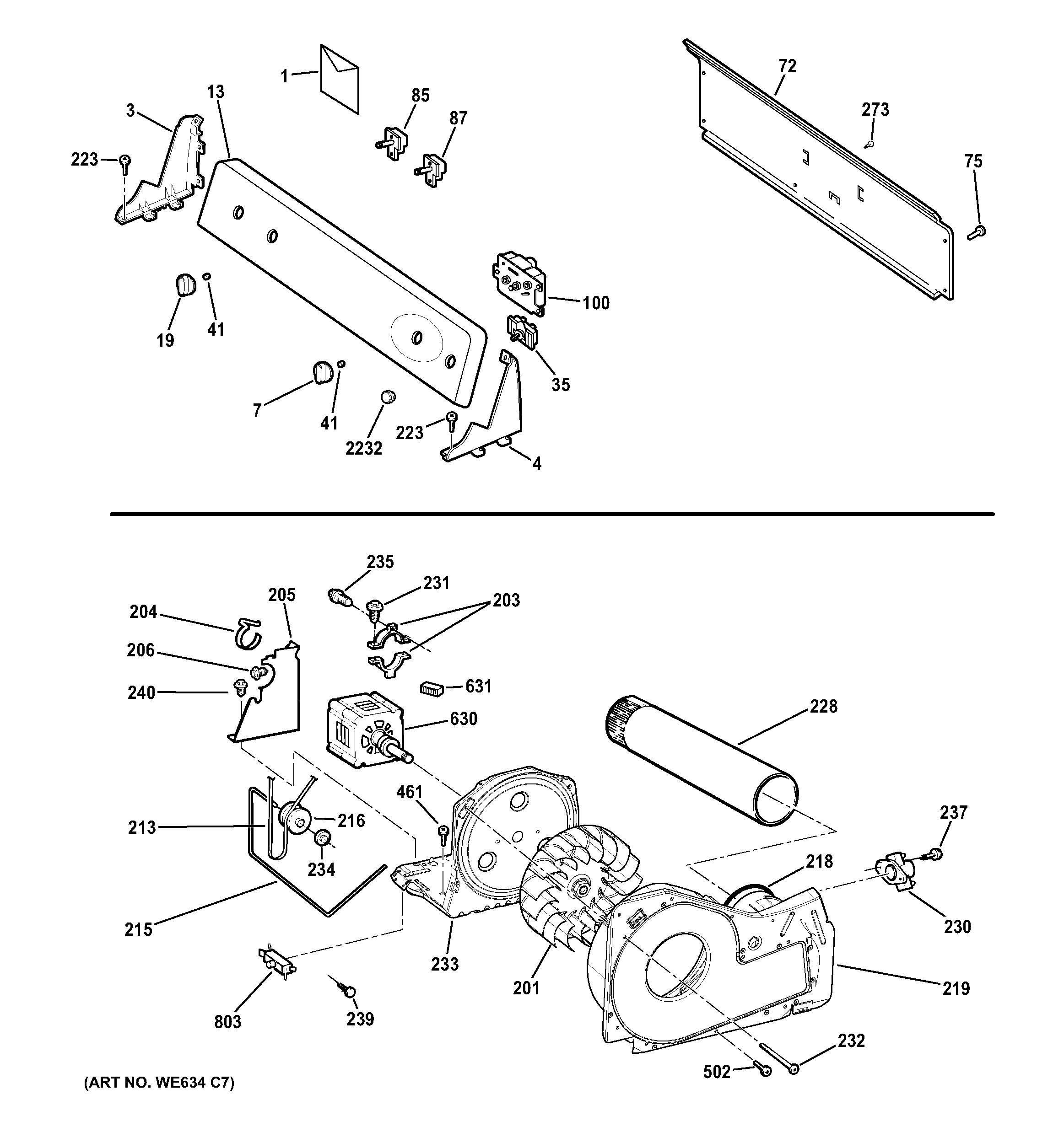 GE GTD18GSSJ2WW backsplash, blower & motor assembly diagram