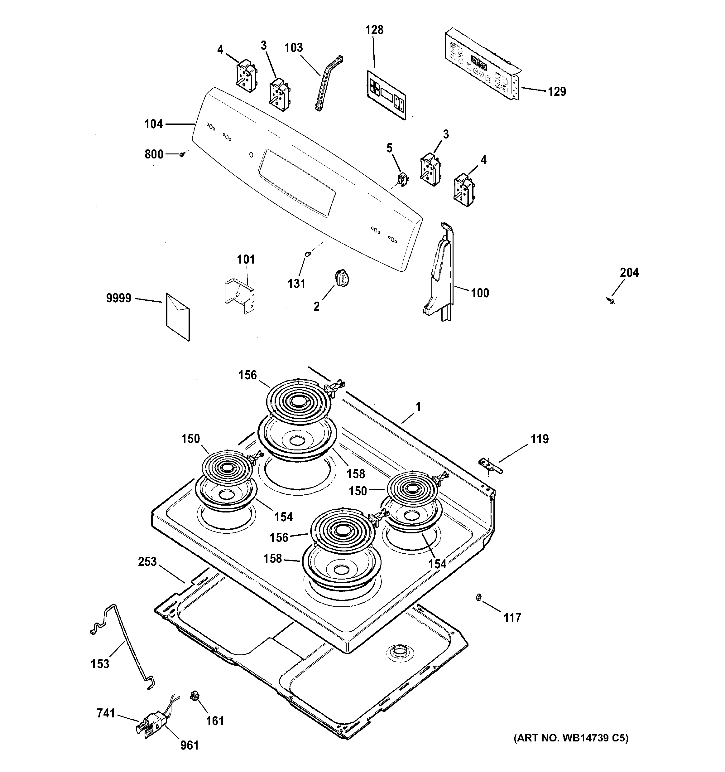 GE JB255RJ1SS control panel & cooktop diagram