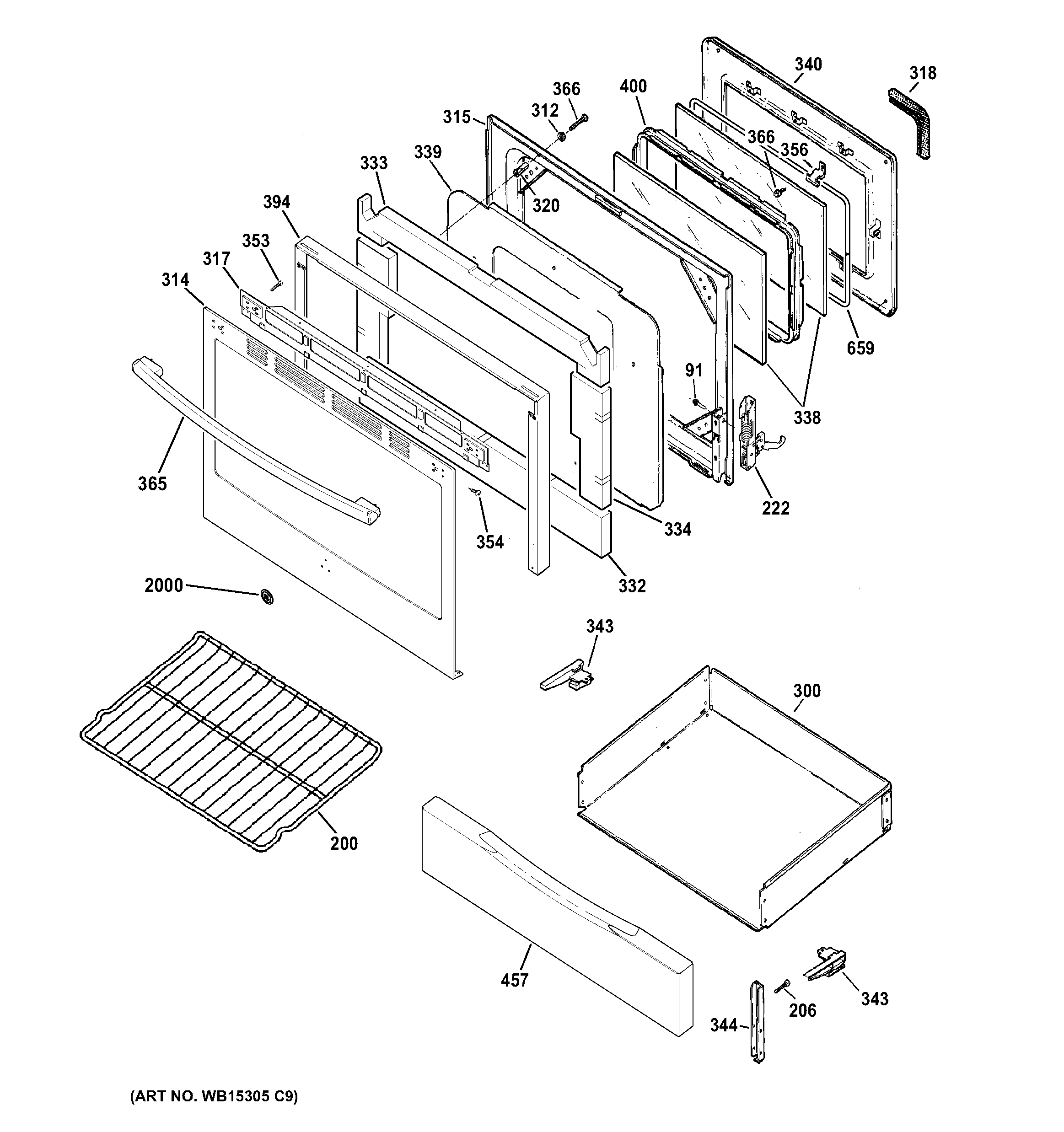 GE JB255RJ1SS door & drawer parts diagram