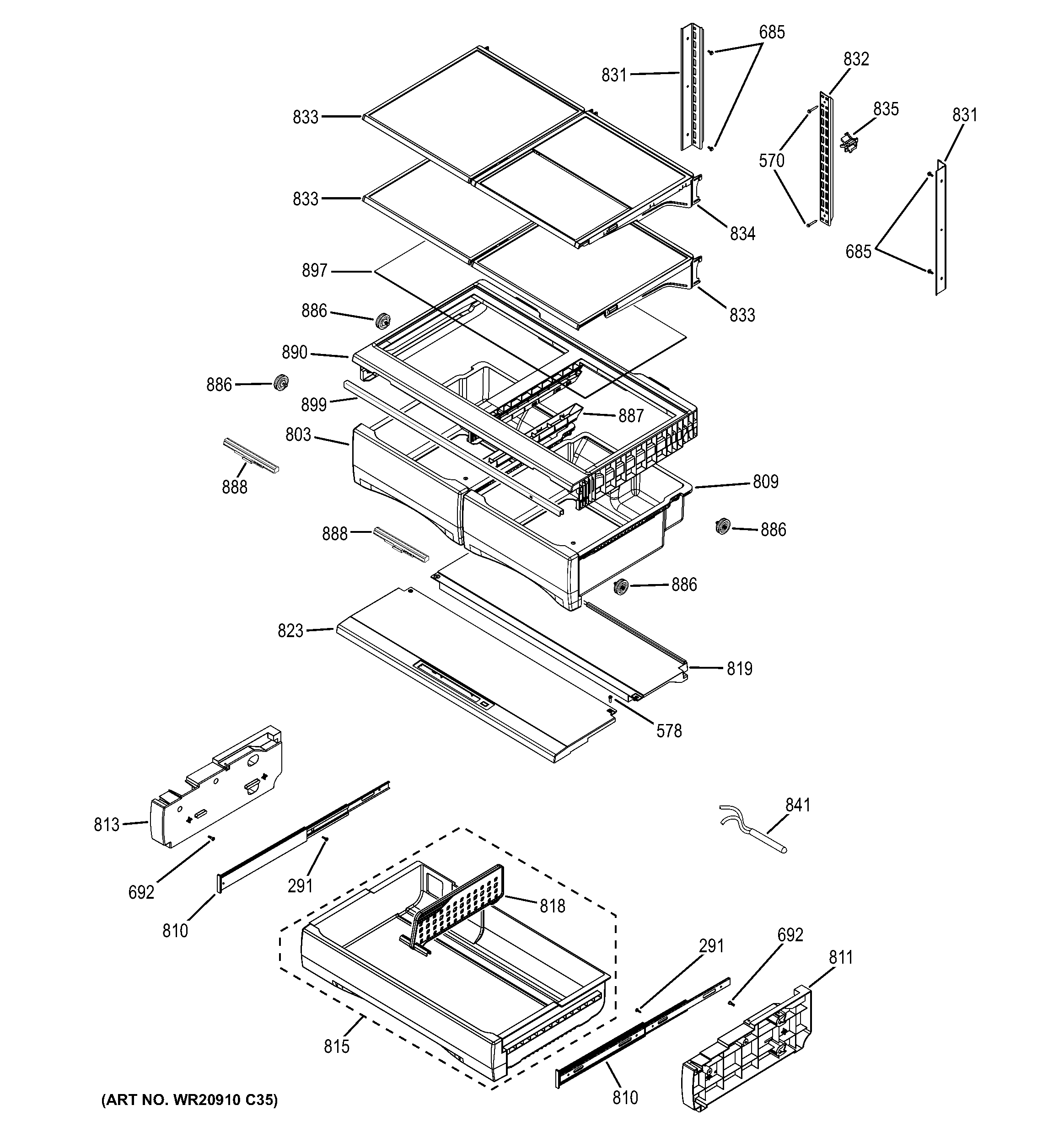 GE DFE28JGHFBB fresh food shelves diagram
