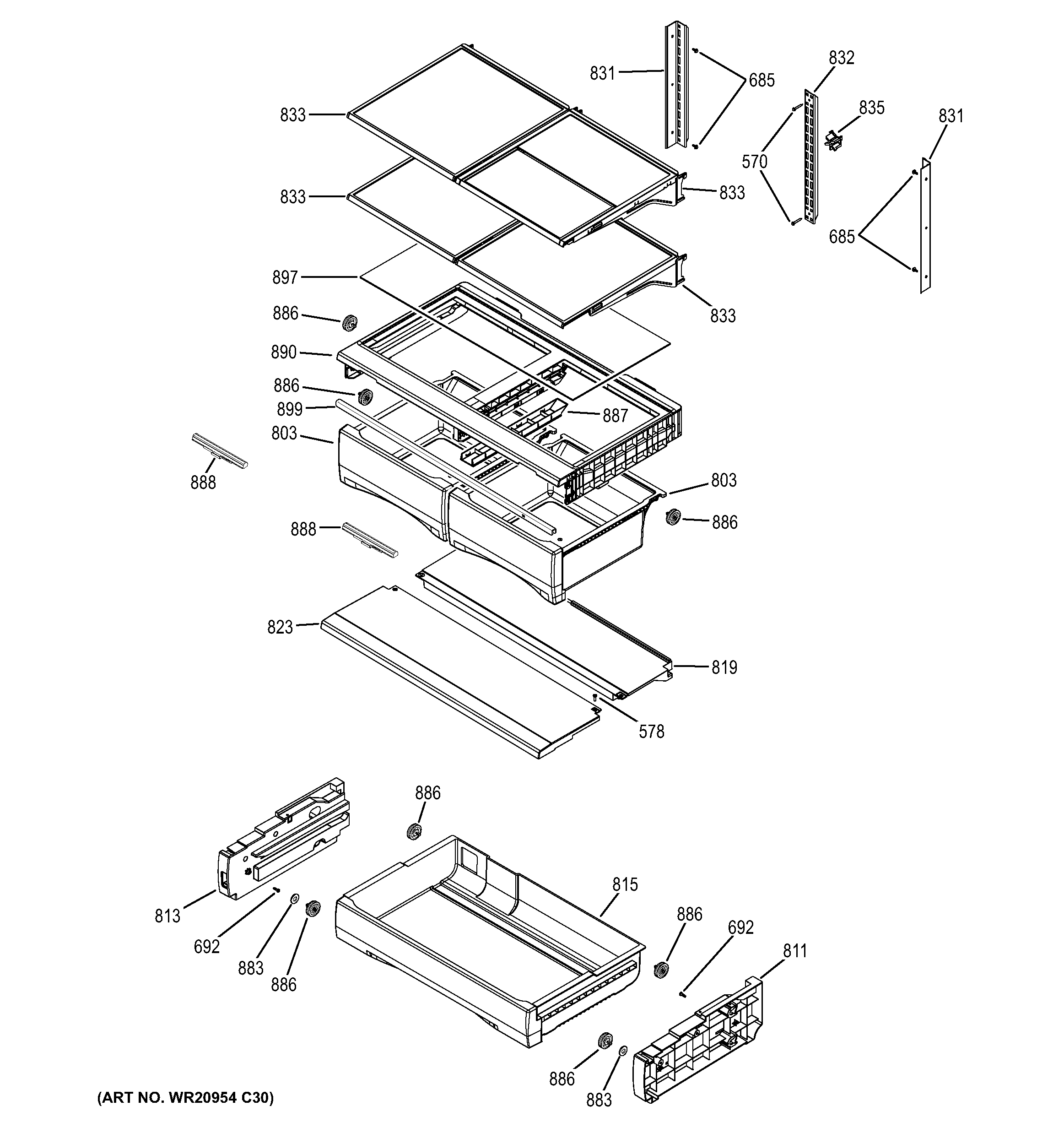 GE GFE26GGHGBB fresh food shelves diagram