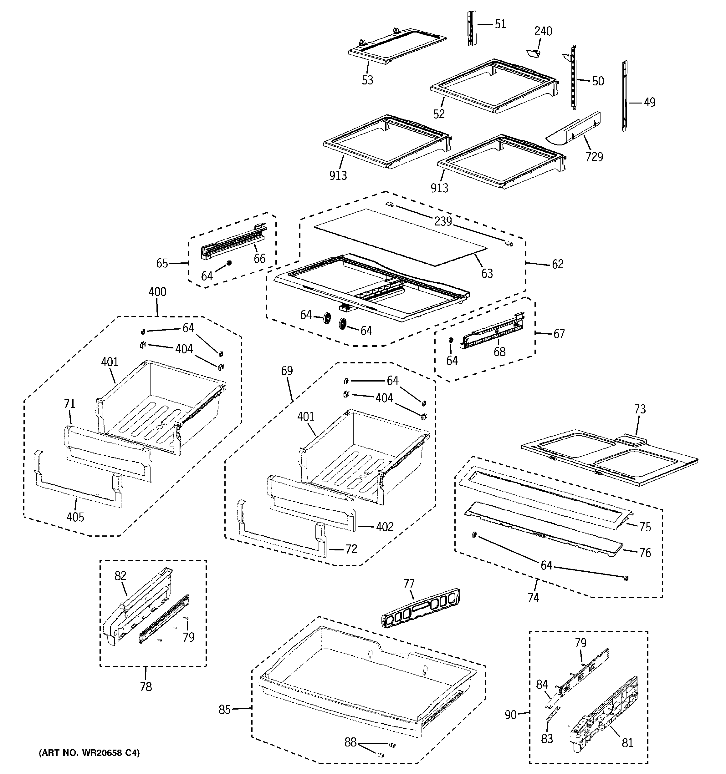 GE DFSF9VKBABB fresh food shelves diagram
