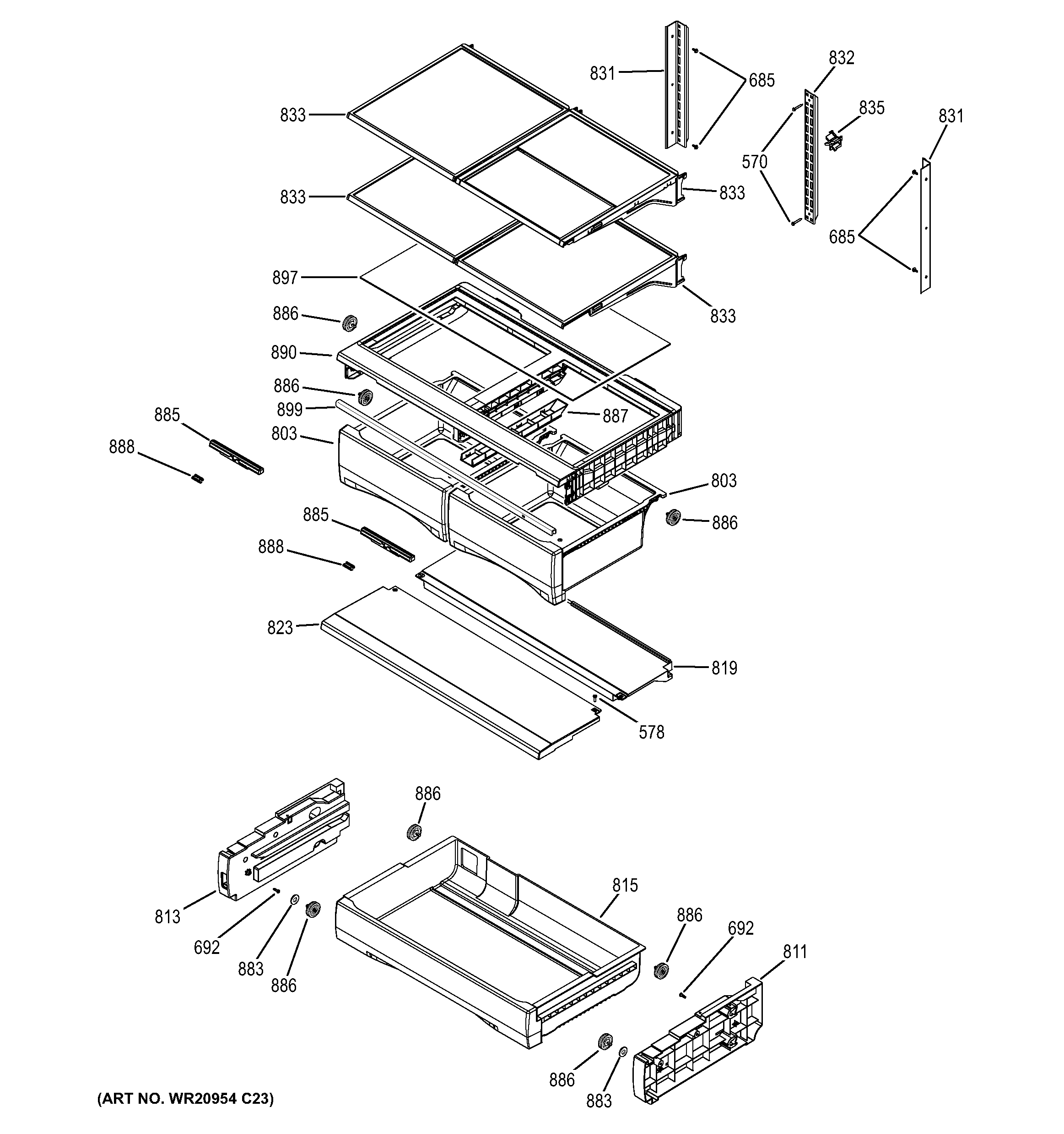 GE GFE26GGHDBB fresh food shelves diagram