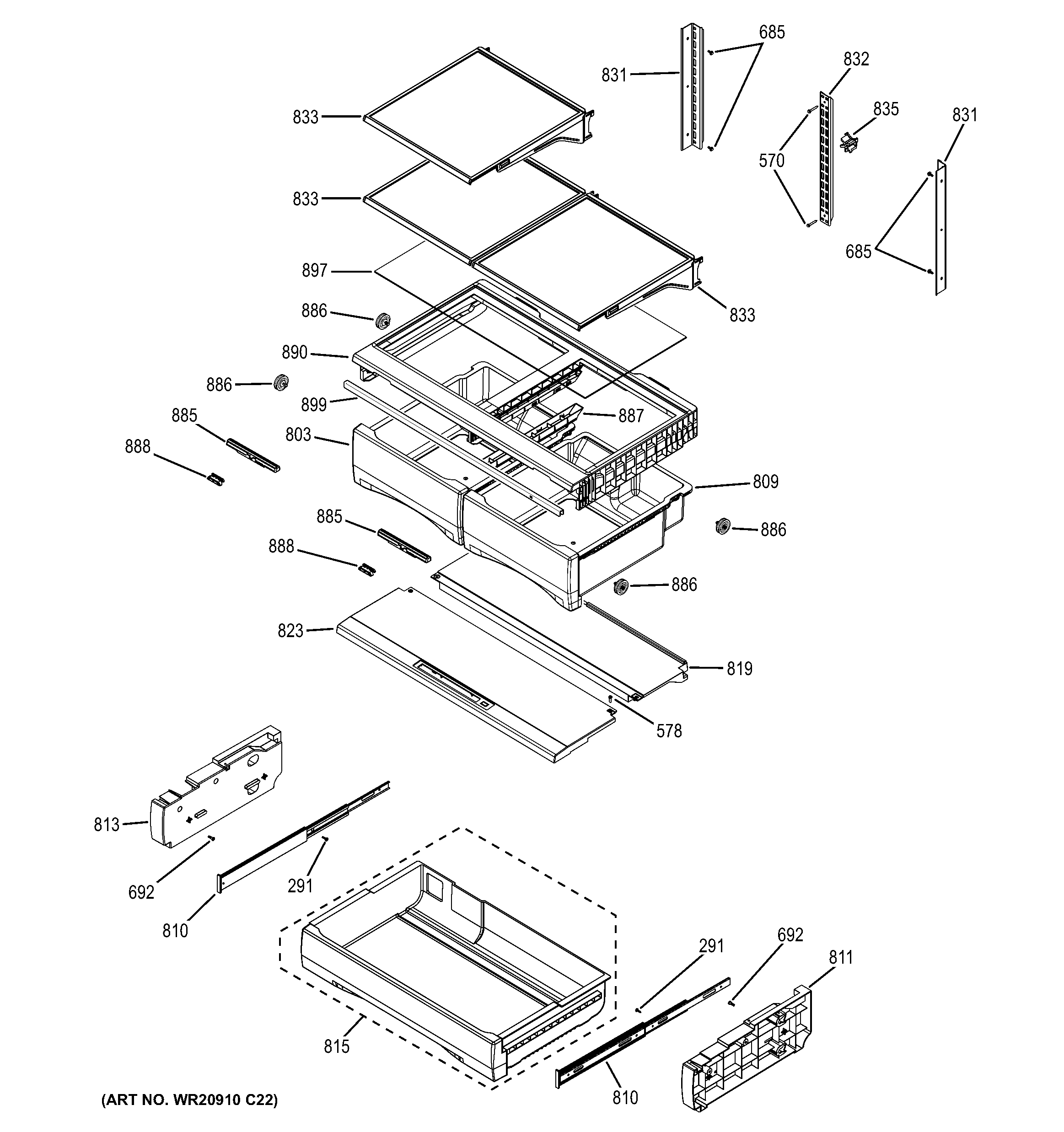 GE GFS28DMJBES fresh food shelves diagram
