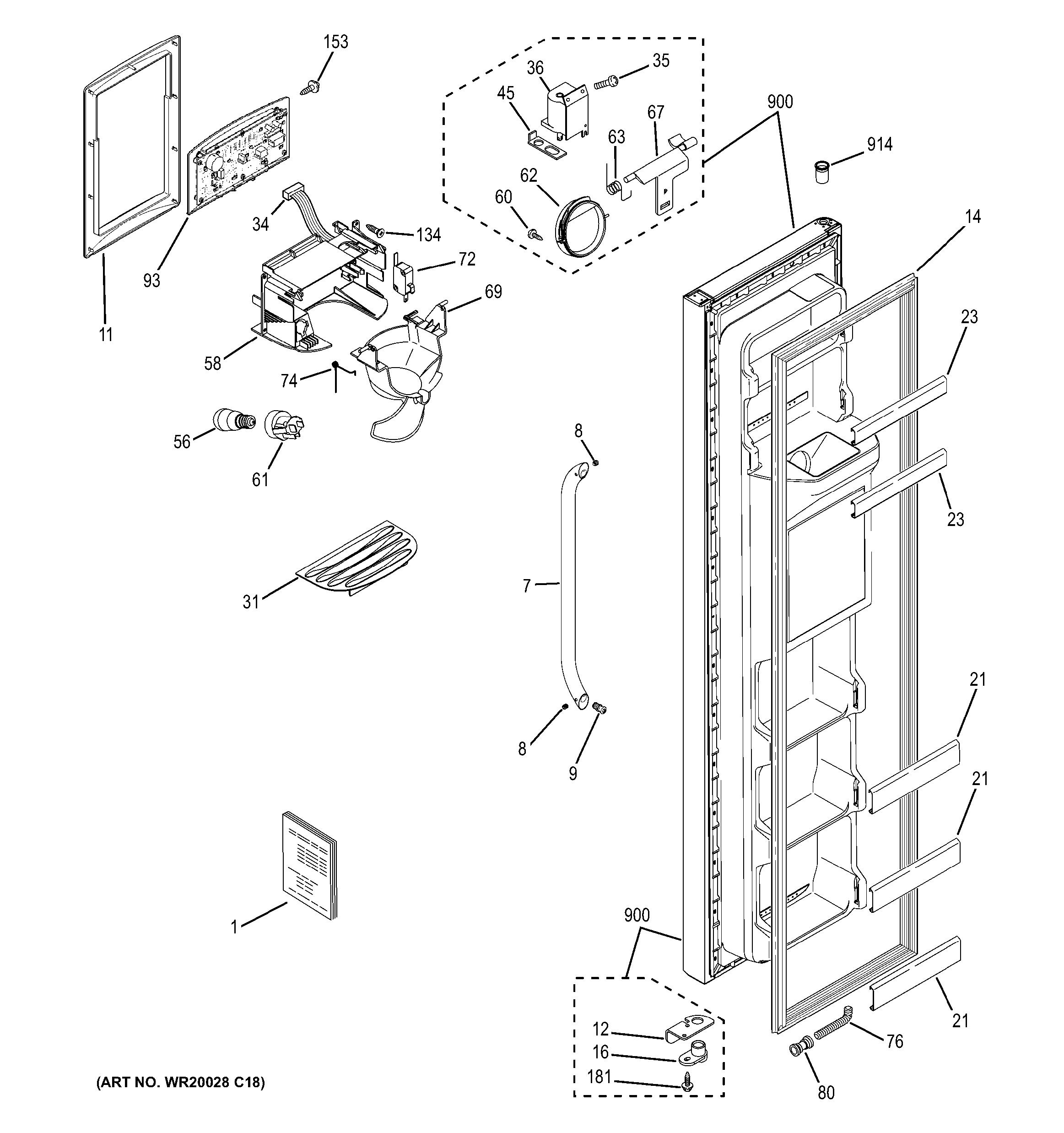 GE GSL25JGCBLS freezer door diagram