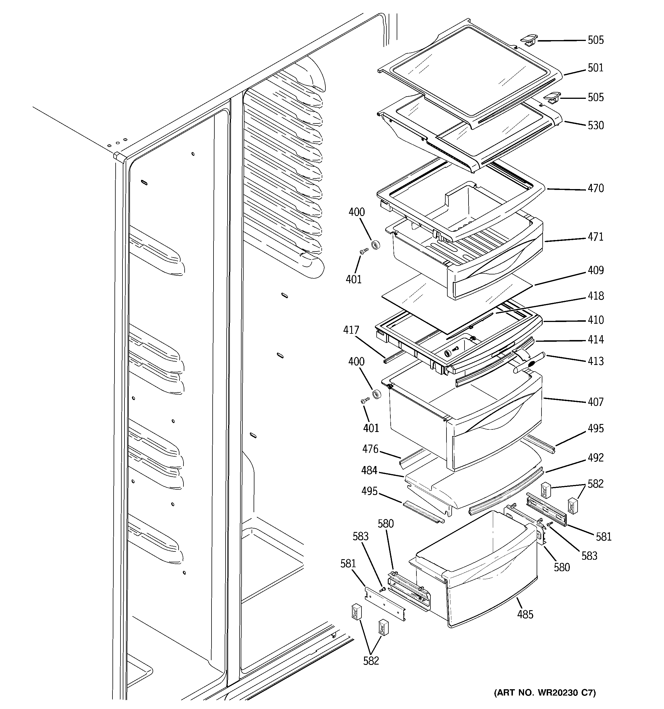 GE GZS23HGECFBB fresh food shelves diagram