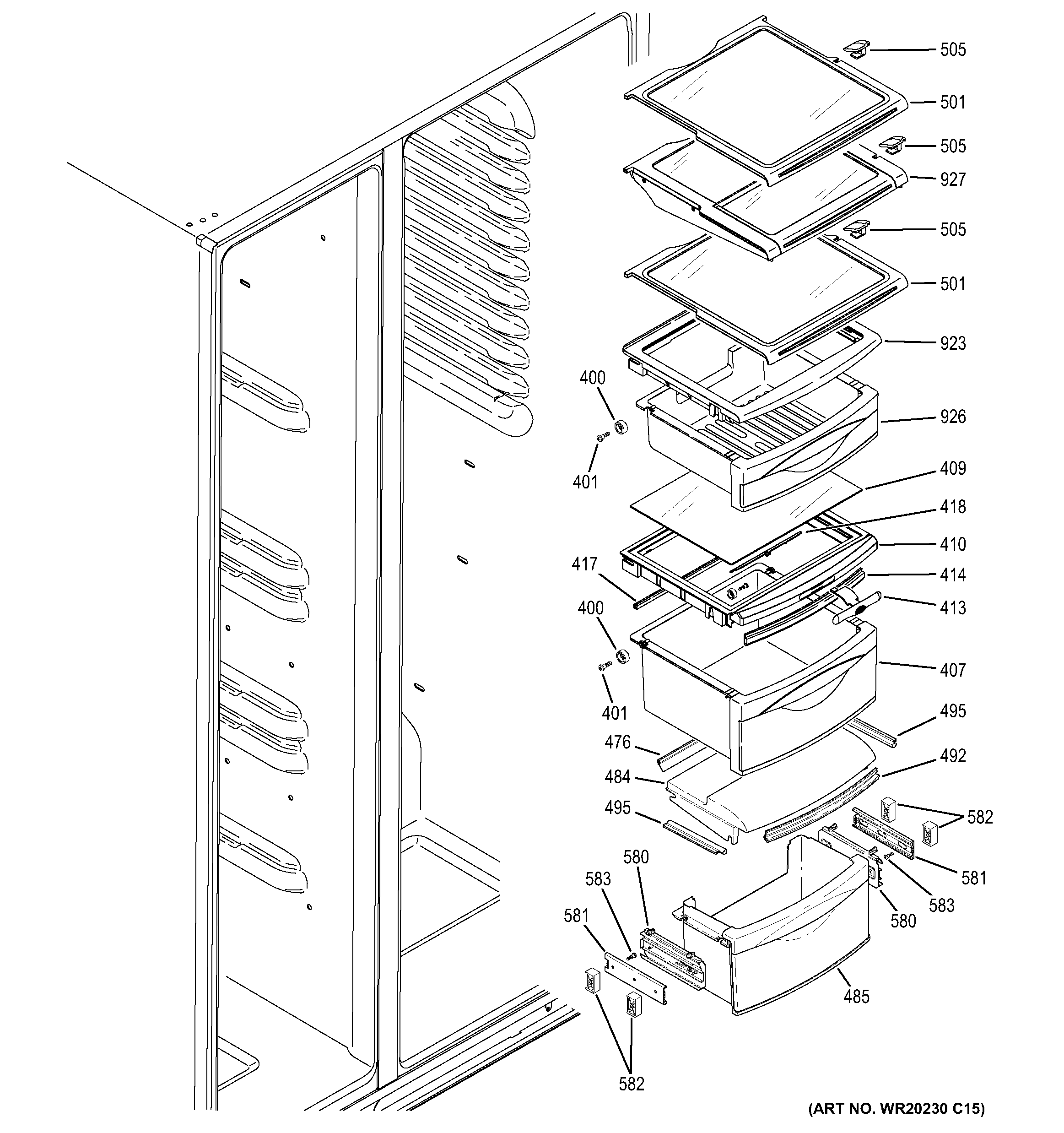 GE PZS22MSKBHSS fresh food shelves diagram