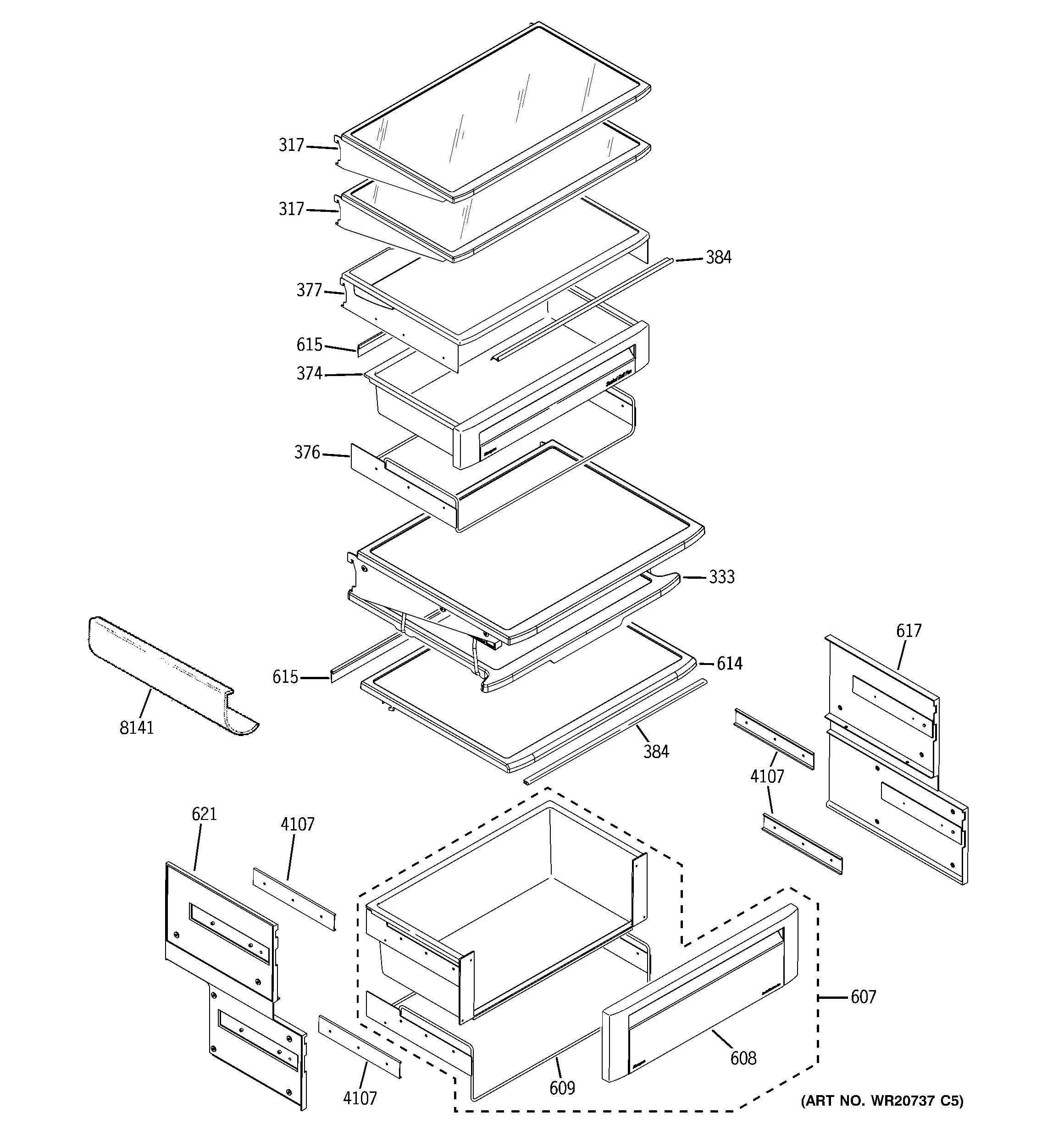 GE ZISB360DXA fresh food shelves diagram