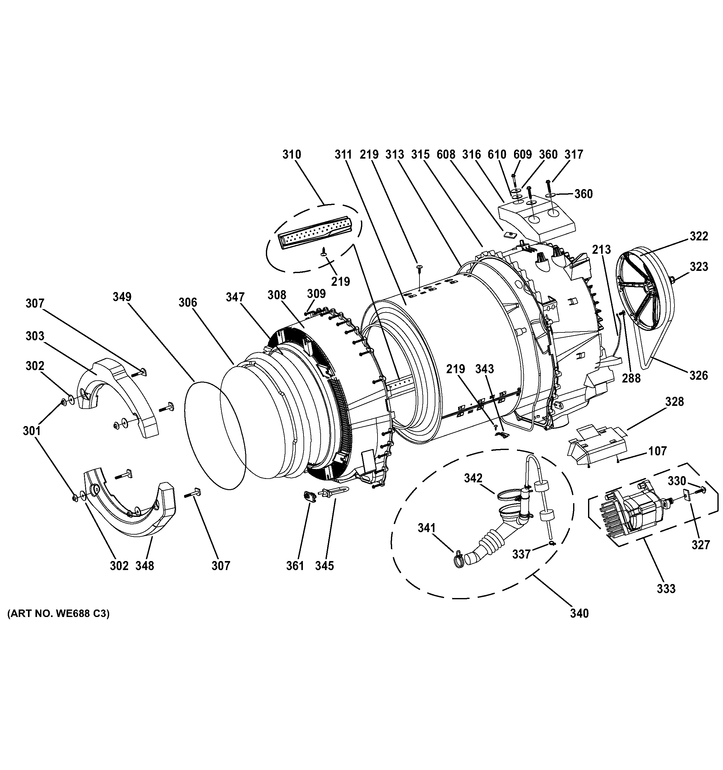 GE GFWH1200H0WW tub & motor diagram