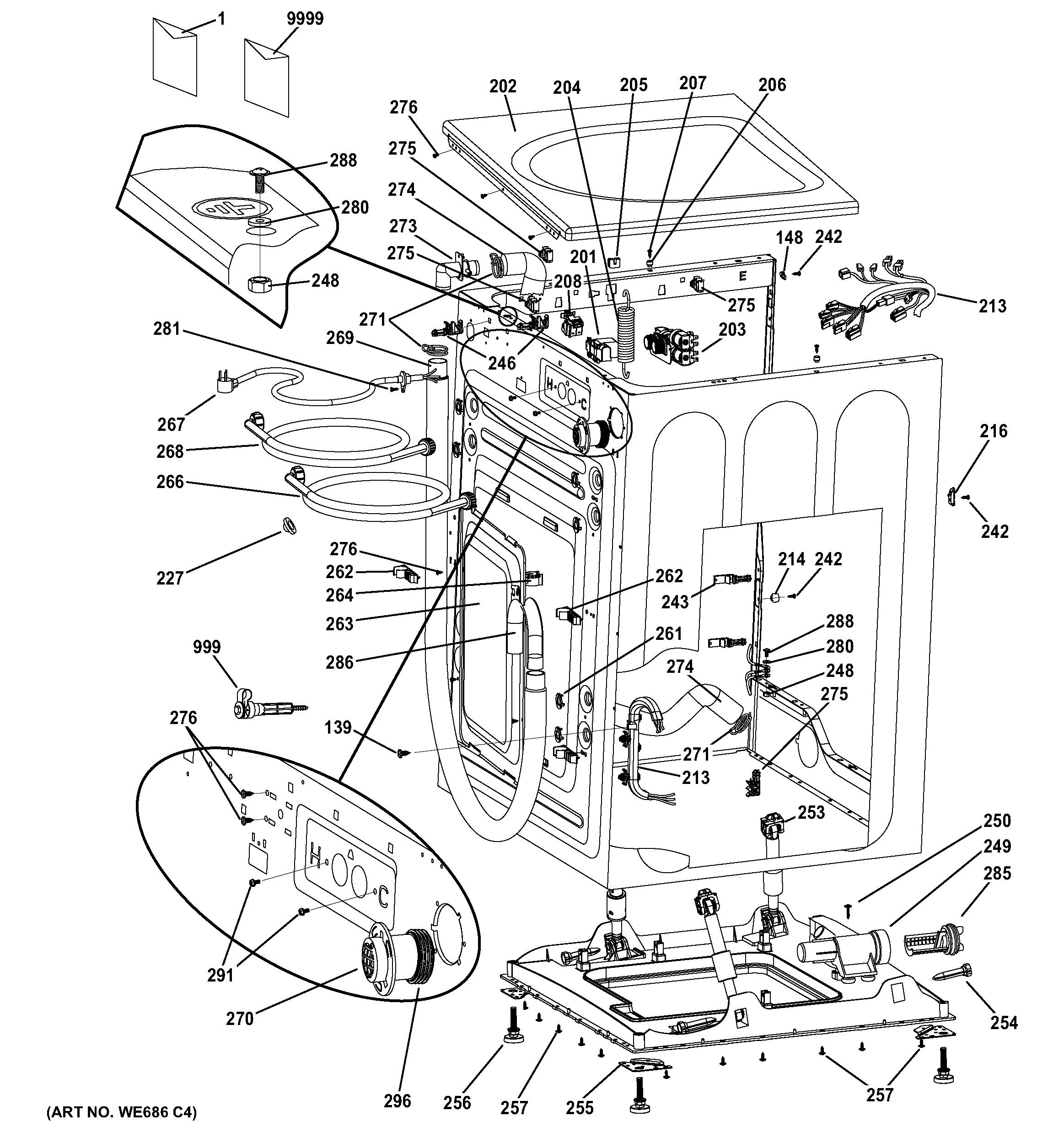 GE GFWH1200H1WW cabinet & top panel diagram