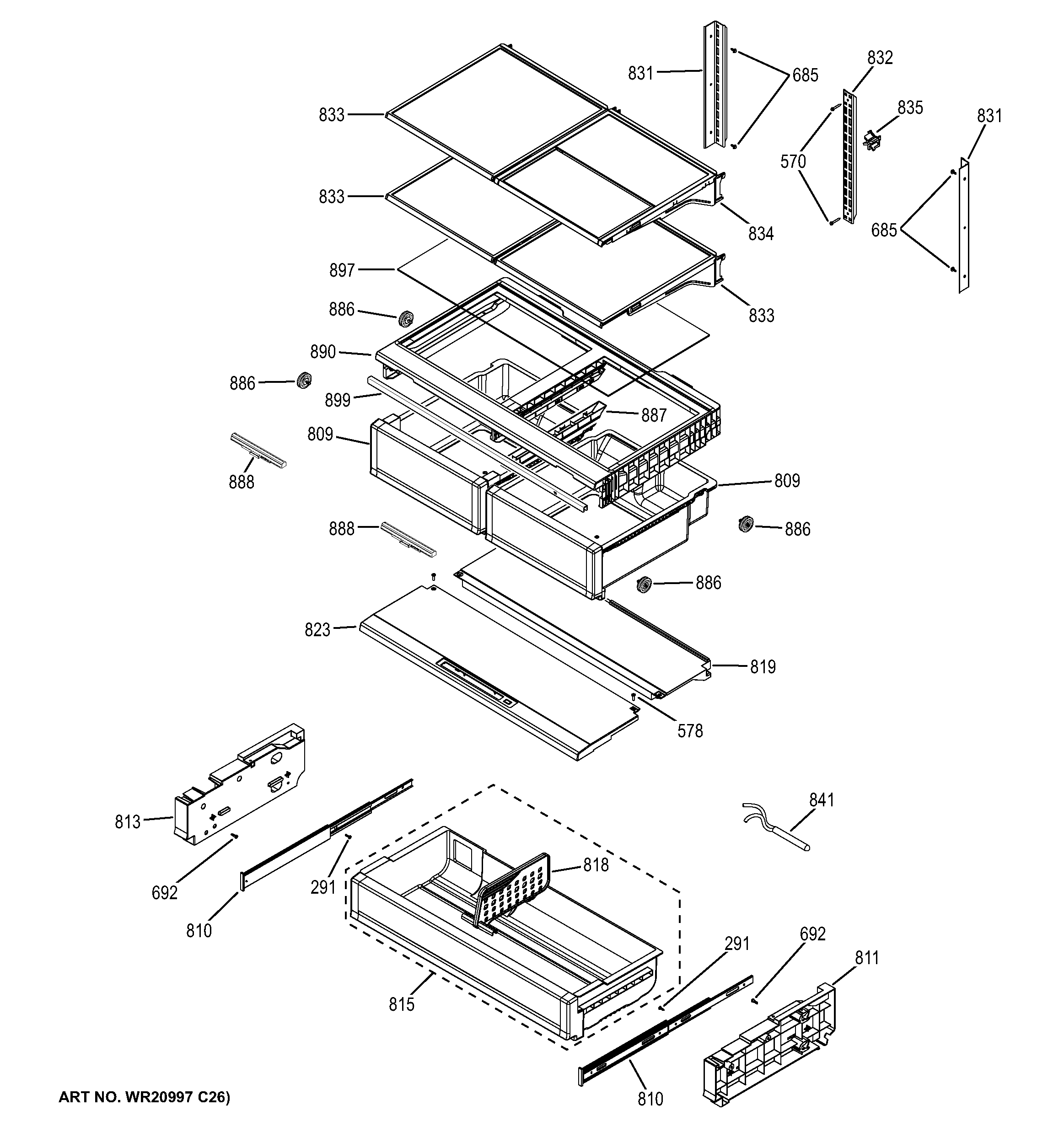 GE CWE23SSHHSS fresh food shelves diagram
