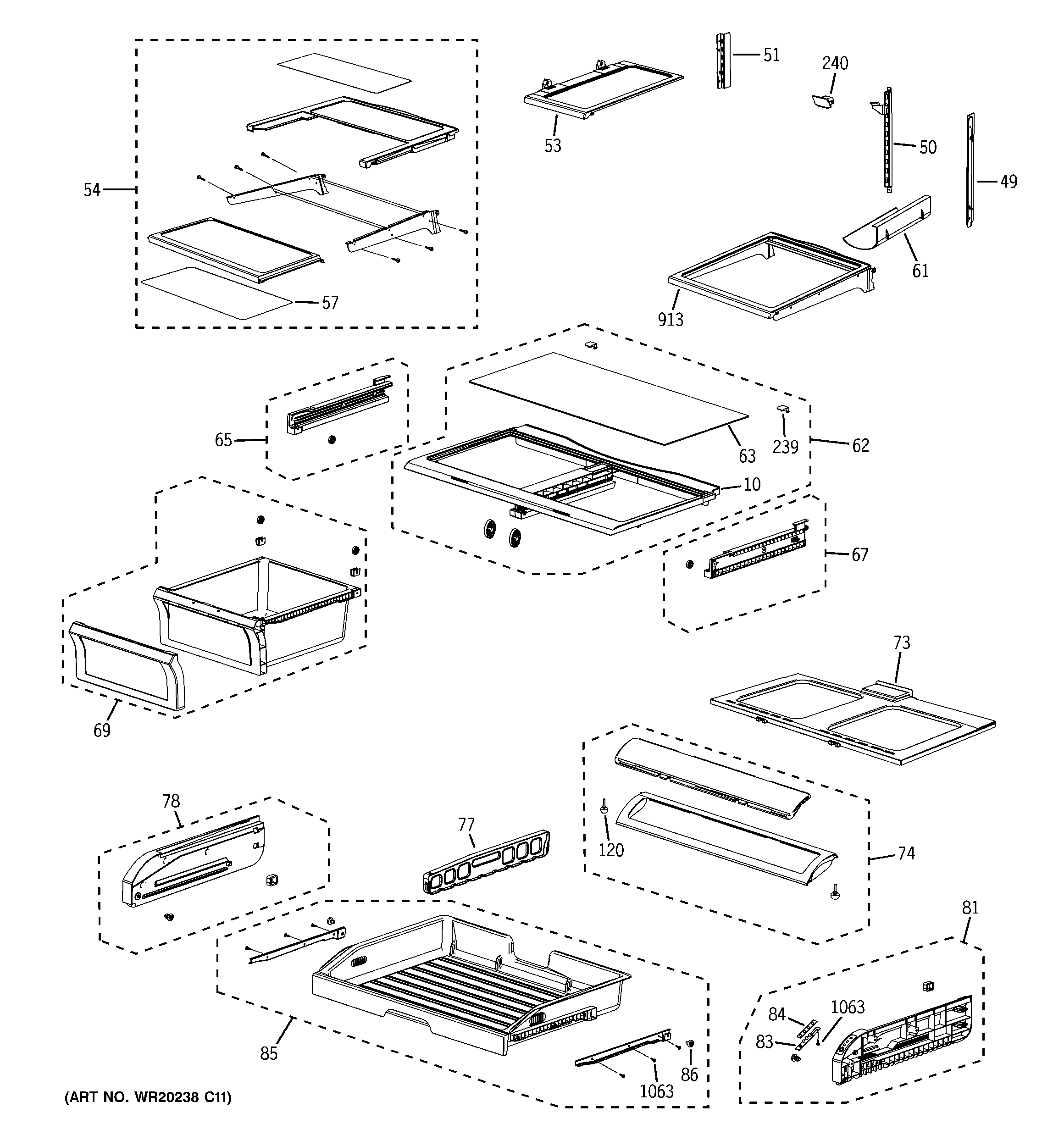 GE PFSS6PKXFSS fresh food shelves diagram