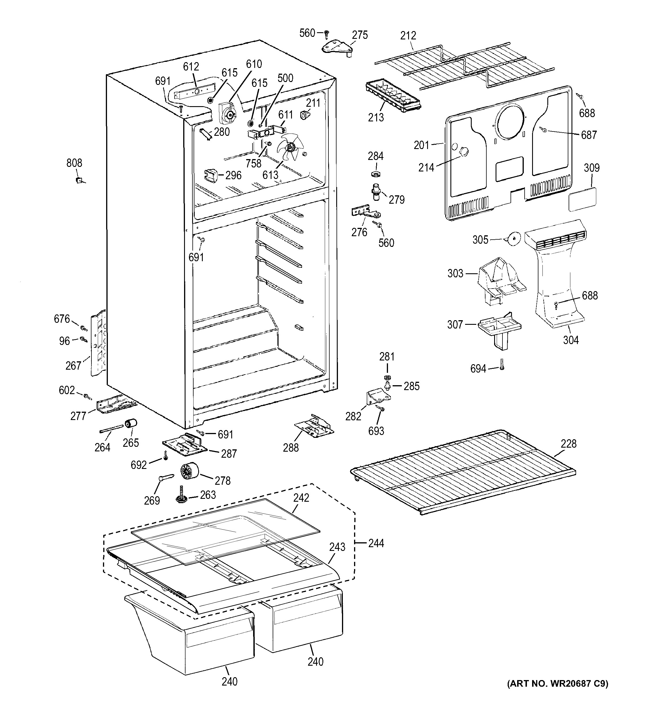 GE GTH17DBDDRWW cabinet diagram