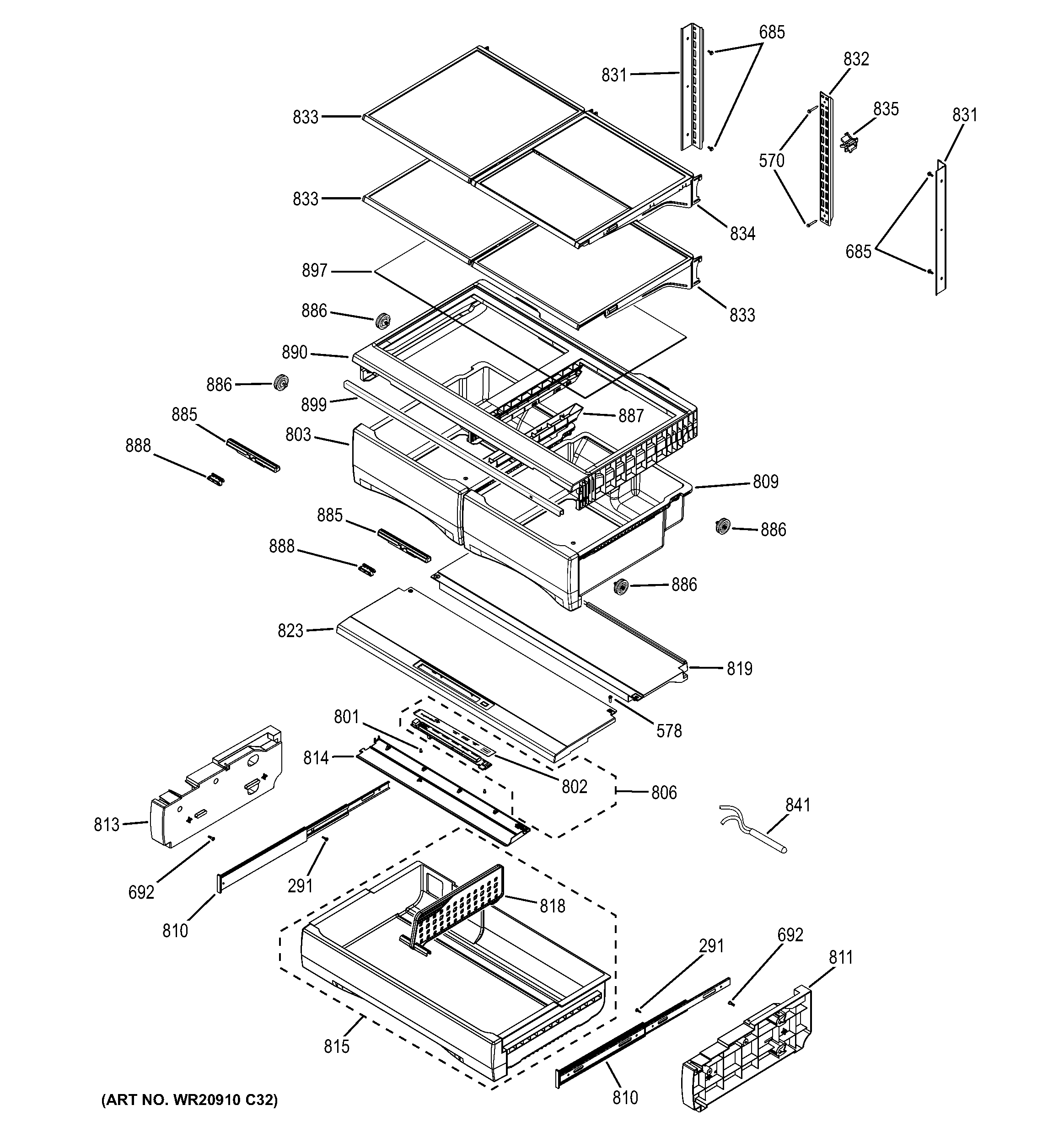 GE GFE28HMHFES fresh food shelves diagram