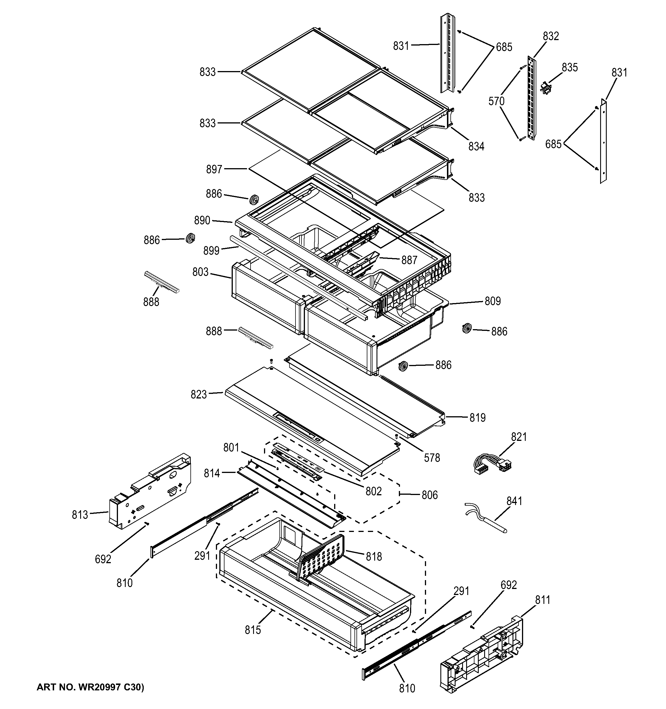 GE CFE28TSHISS fresh food shelves diagram