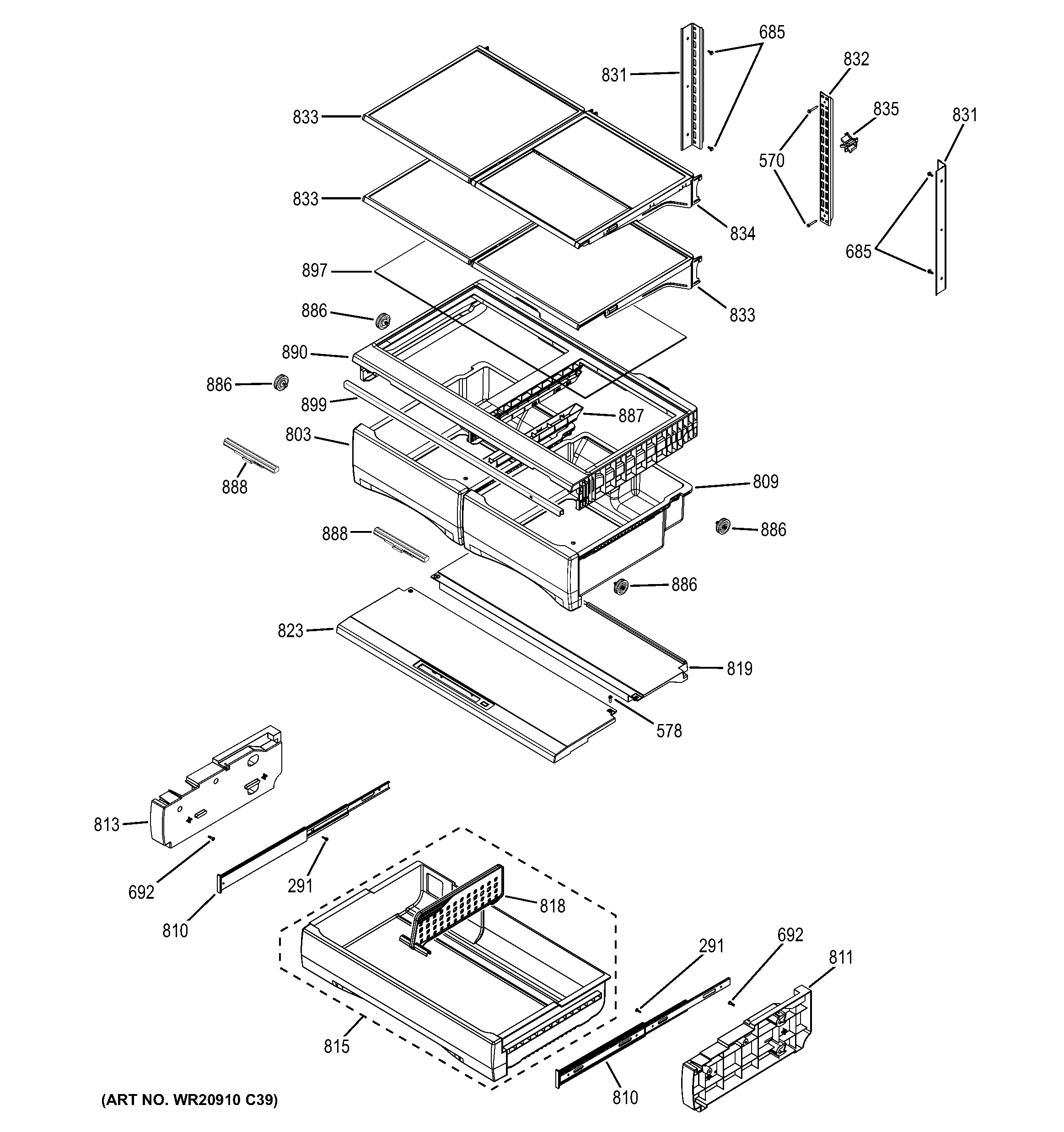GE DFE28JMKBES fresh food shelves diagram