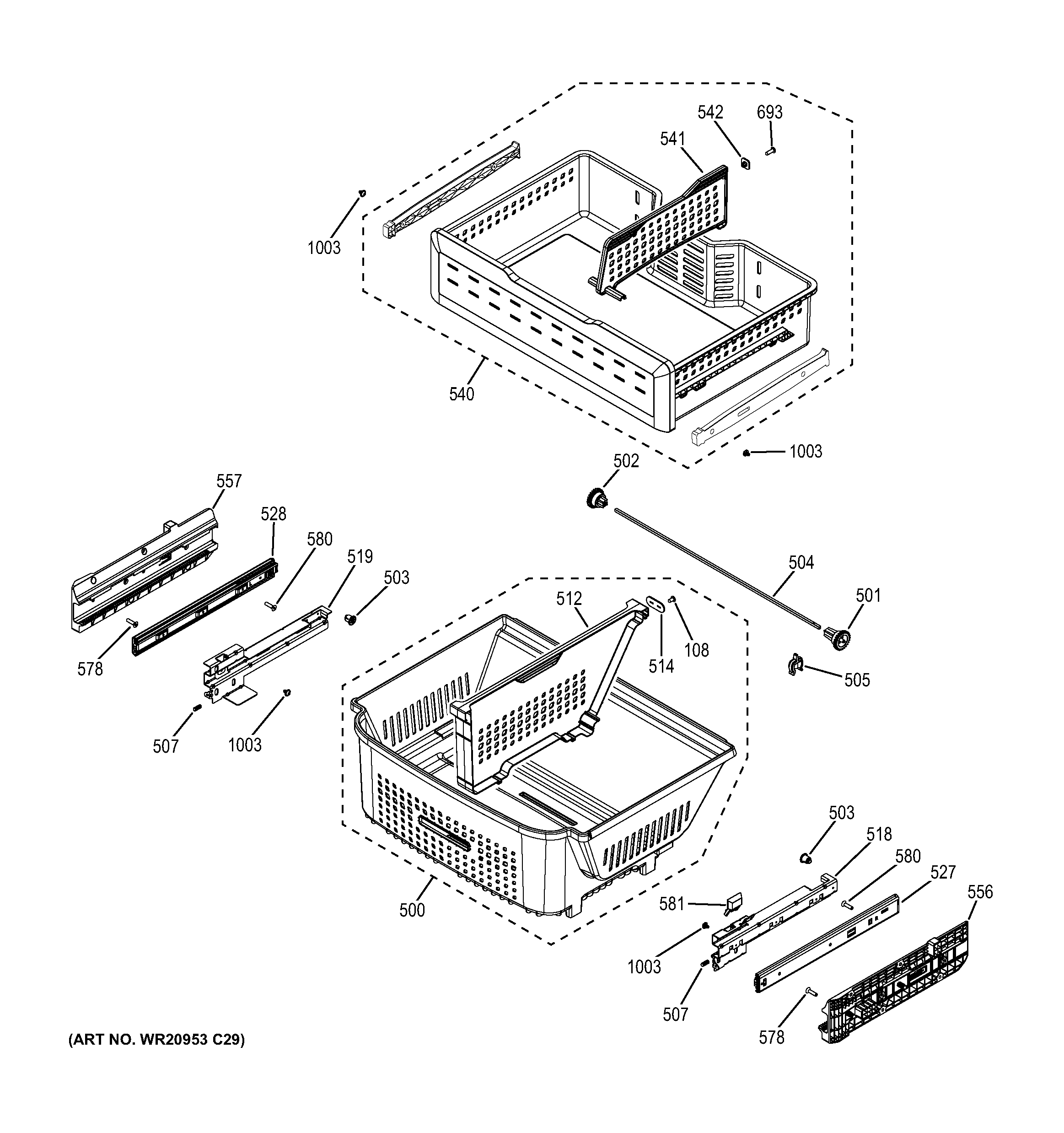 GE GFE26GGKBWW freezer shelves diagram