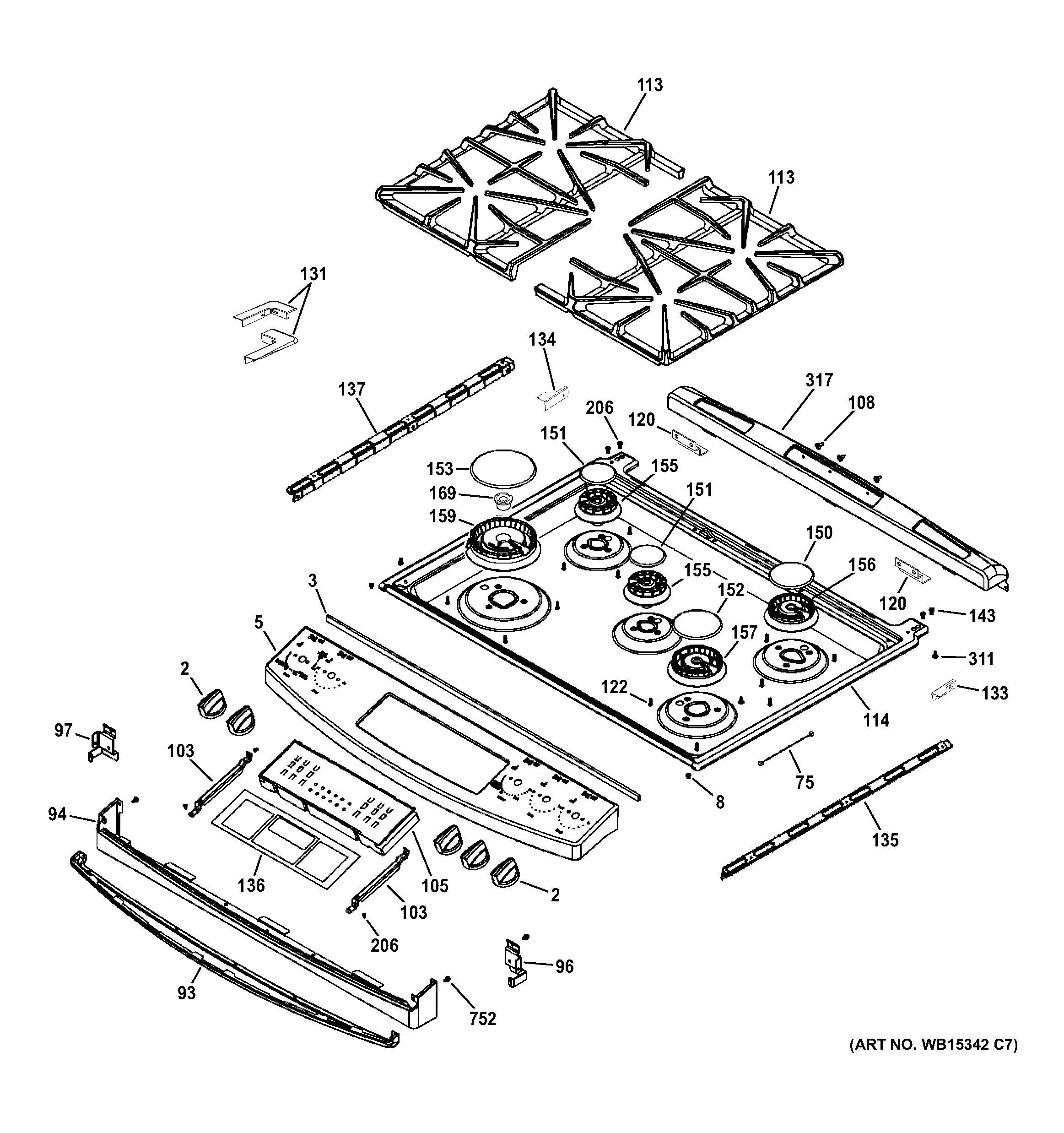 GE JGS750DEF4BB control panel & cooktop diagram