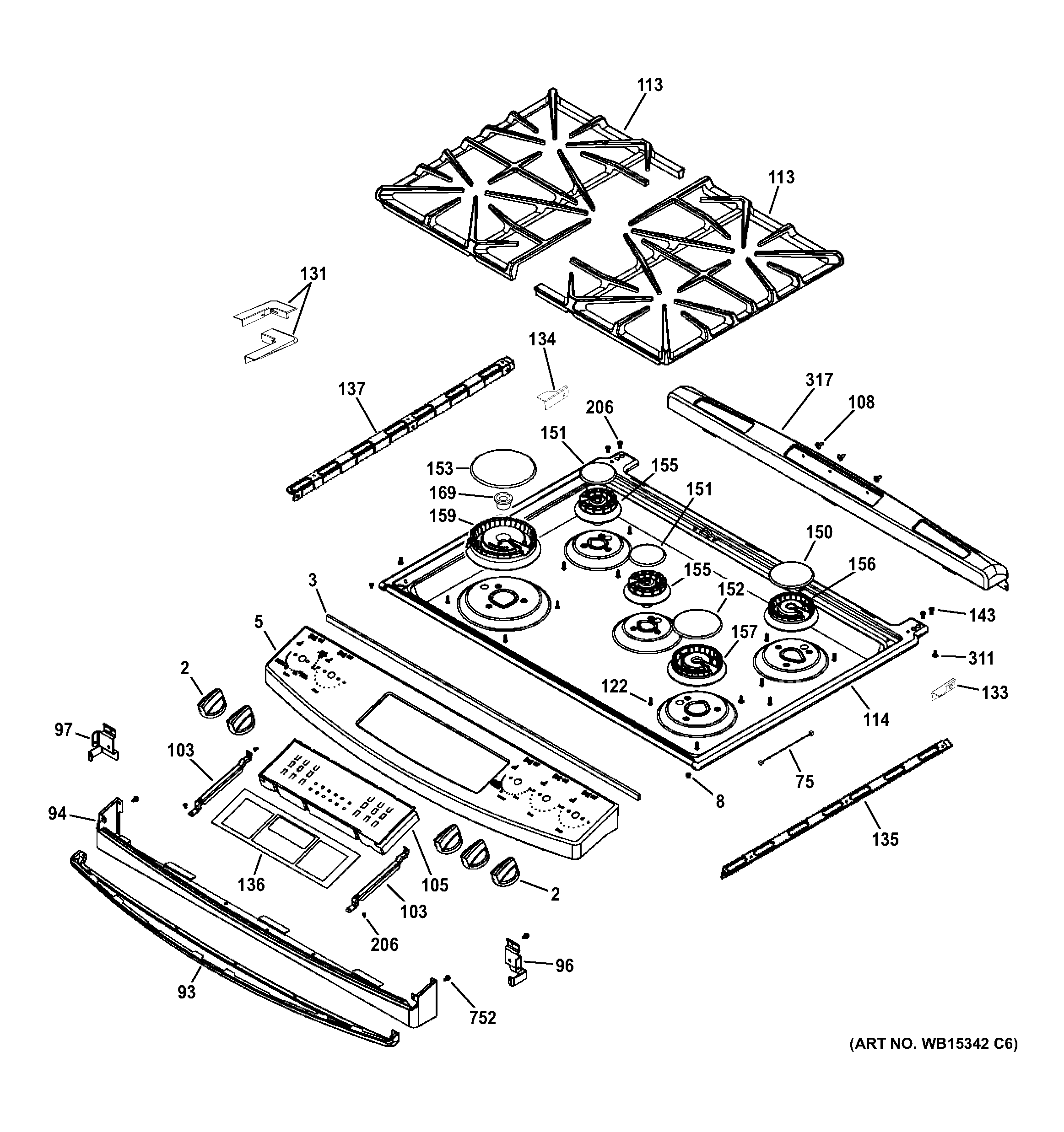 GE JGS750SEF2SS control panel & cooktop diagram
