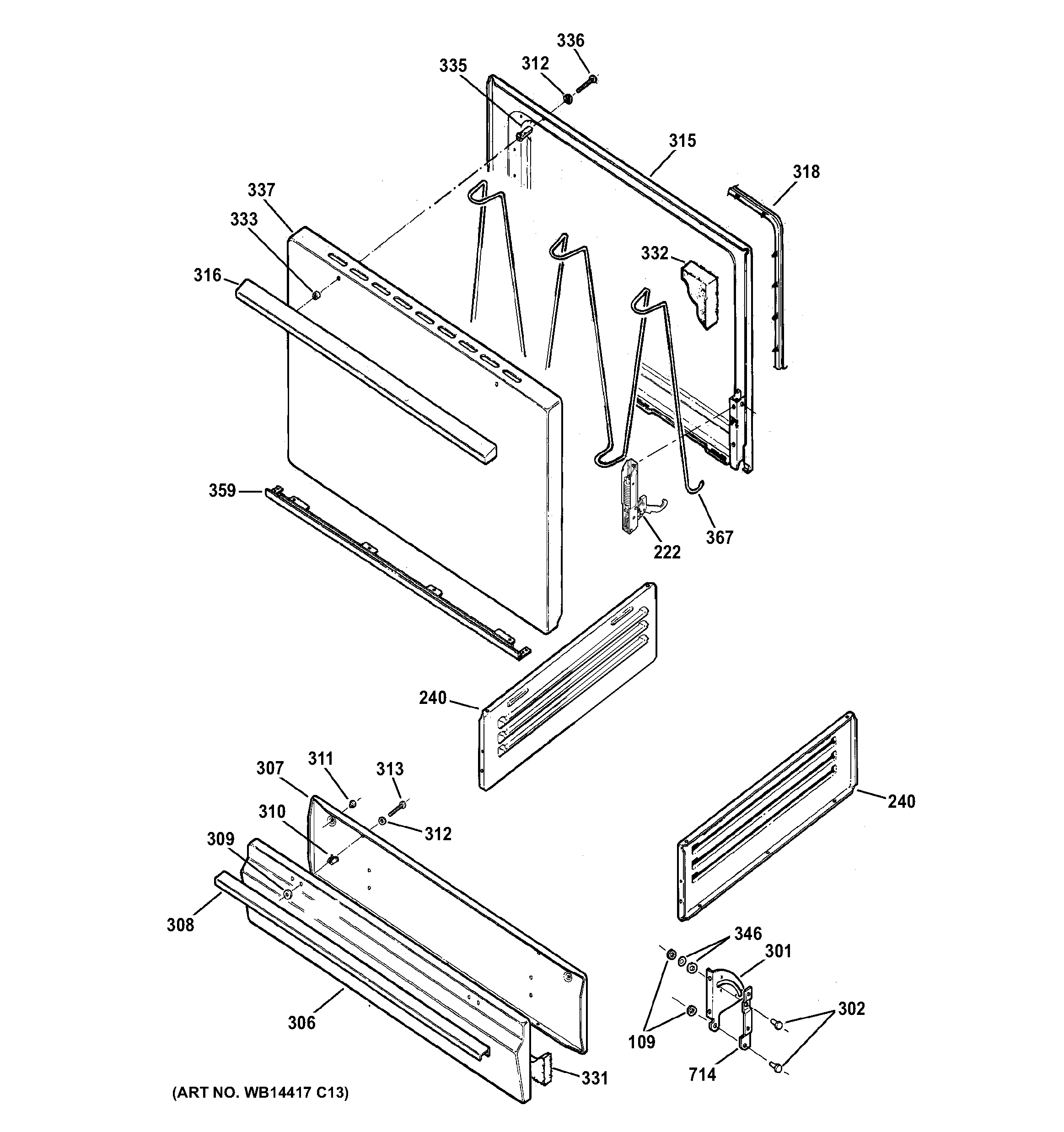 Hotpoint RGB525DEH3WW door & drawer parts diagram