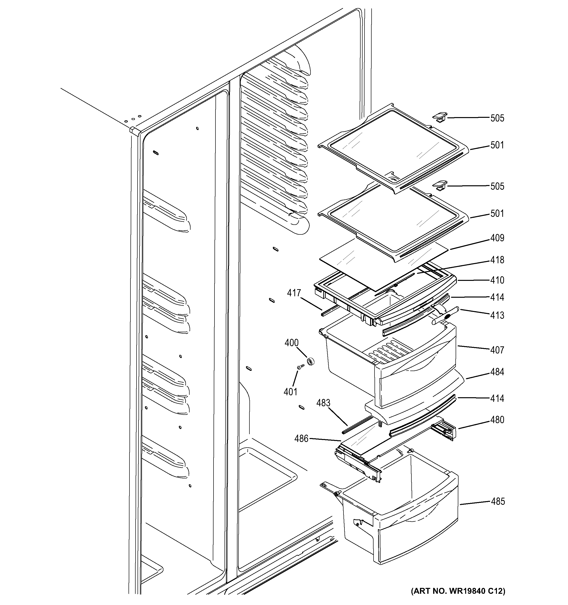 GE GSS25CGHECWW fresh food shelves diagram