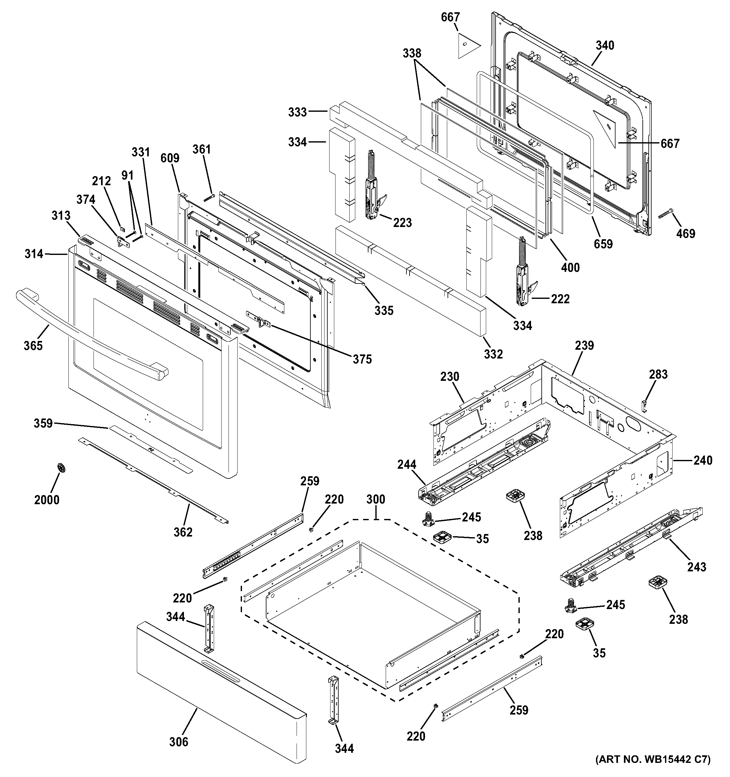 GE PGB911DEJ3WW door & drawer parts diagram