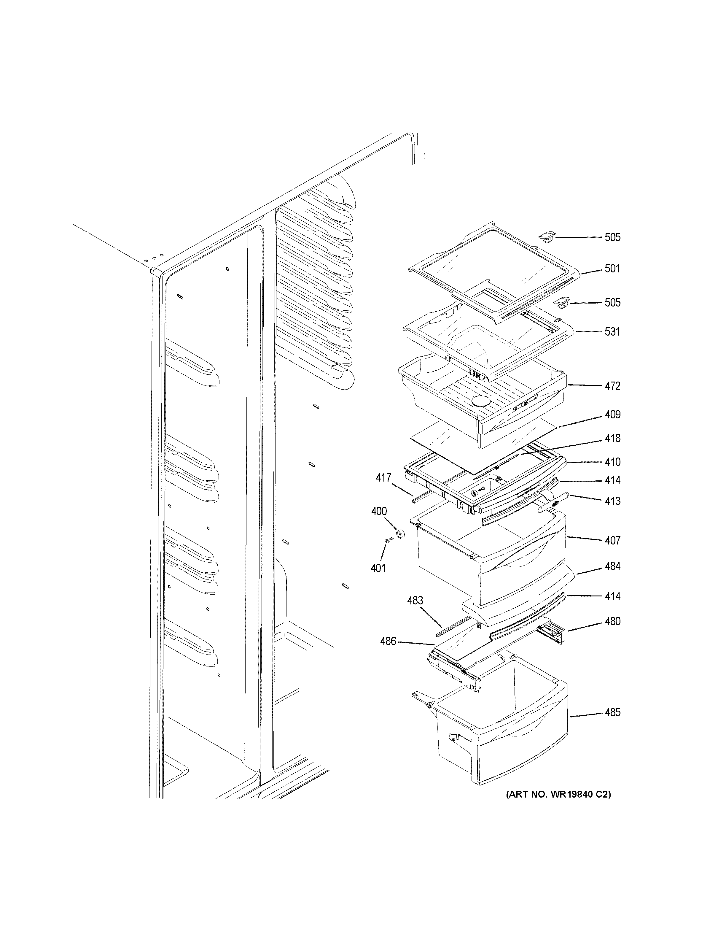 GE GSHF3KGZBCWW fresh food shelves diagram