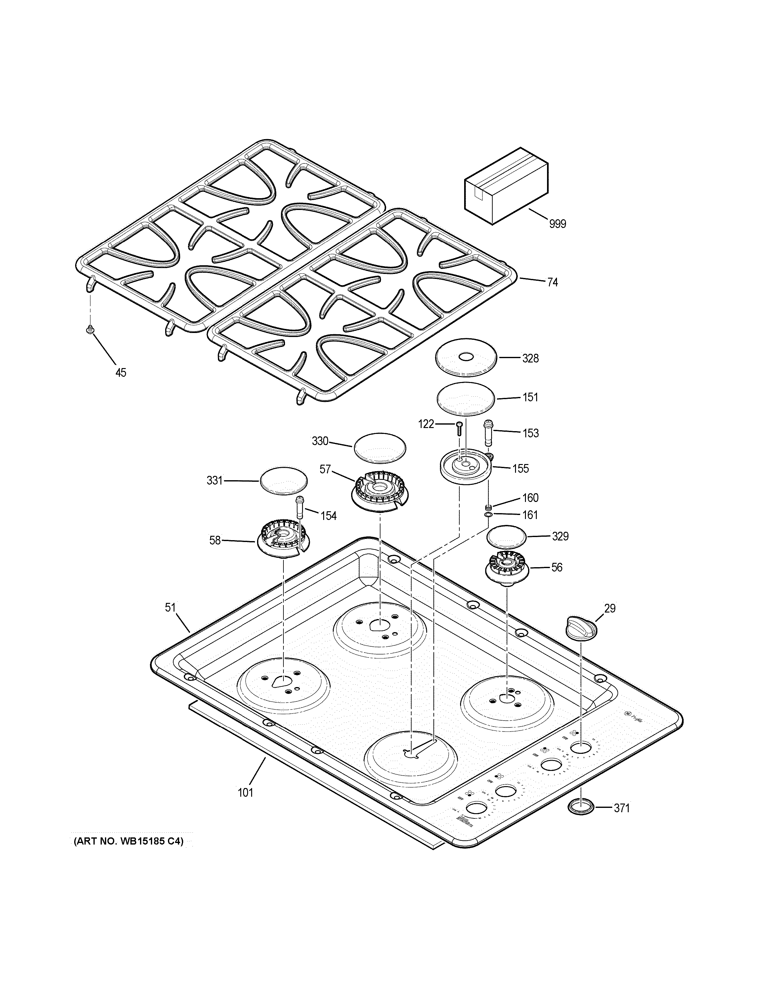 GE JGP333DET2BB control panel & cooktop diagram